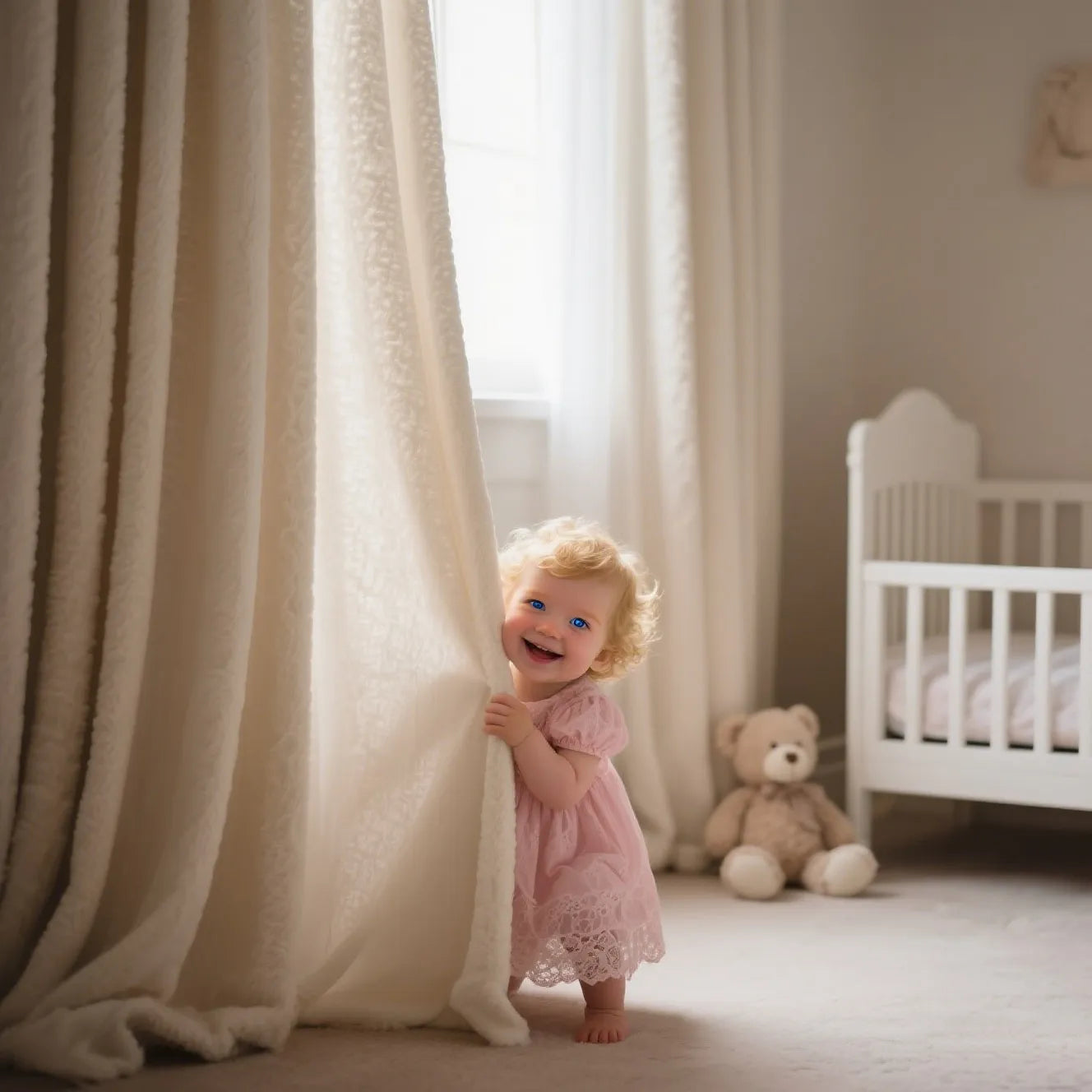 Smiling toddler girl in pink dress peeking from cream curtains in a cozy nursery with crib and teddy bear