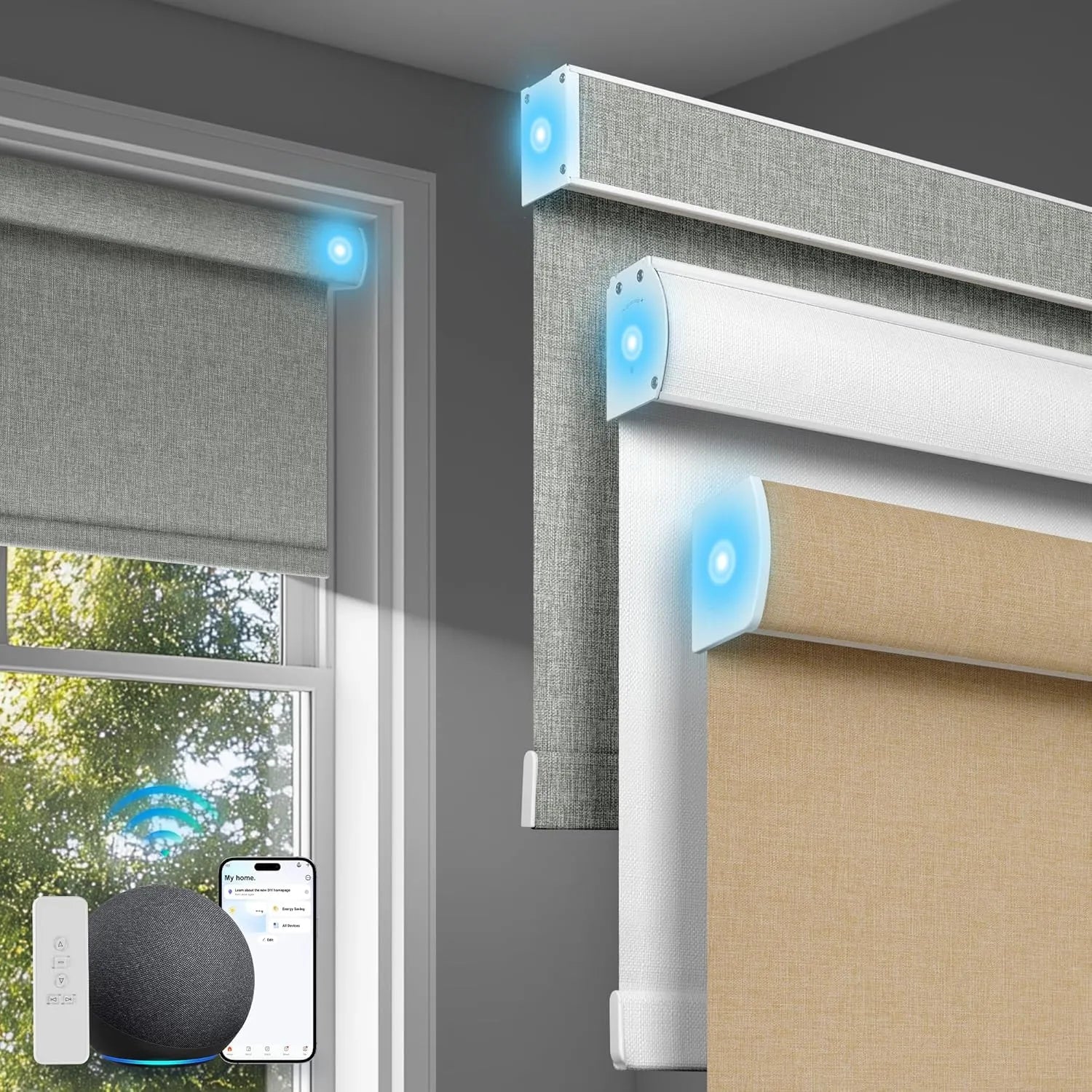 Smart motorized roller blinds in gray, white, and beige with remote, smartphone, and voice control device