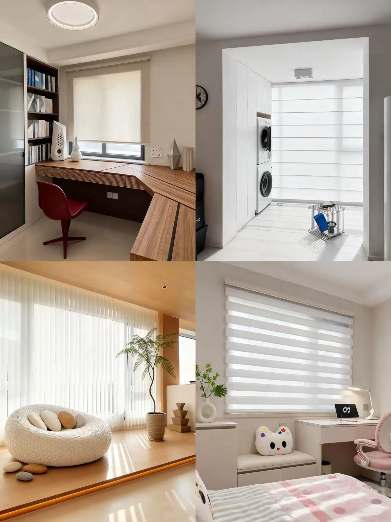 Modern home interiors with wood desk, laundry room, cozy lounge with round chair, and bright bedroom with pink chair
