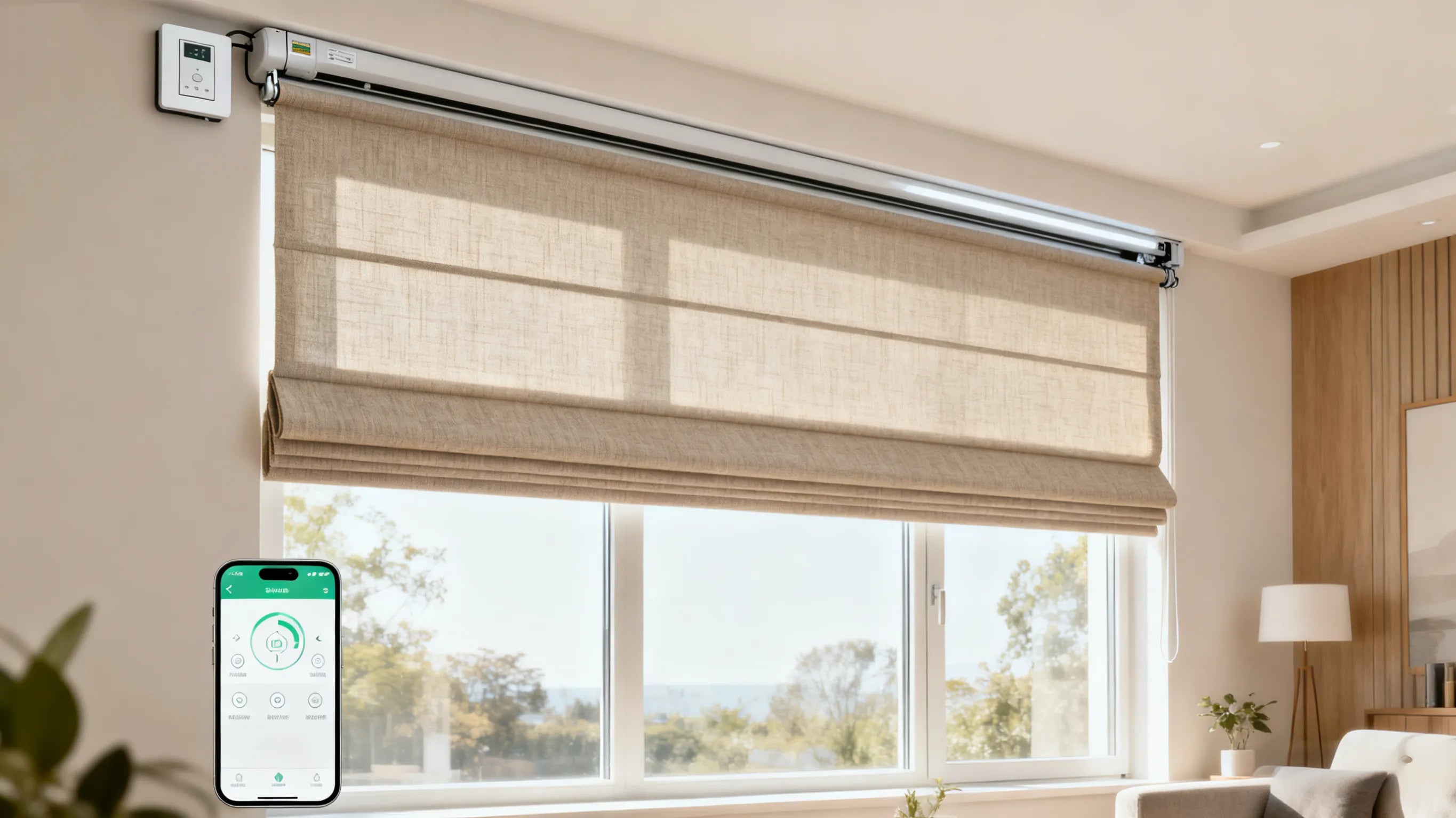 Smart home beige roman blinds with remote control app in modern living room