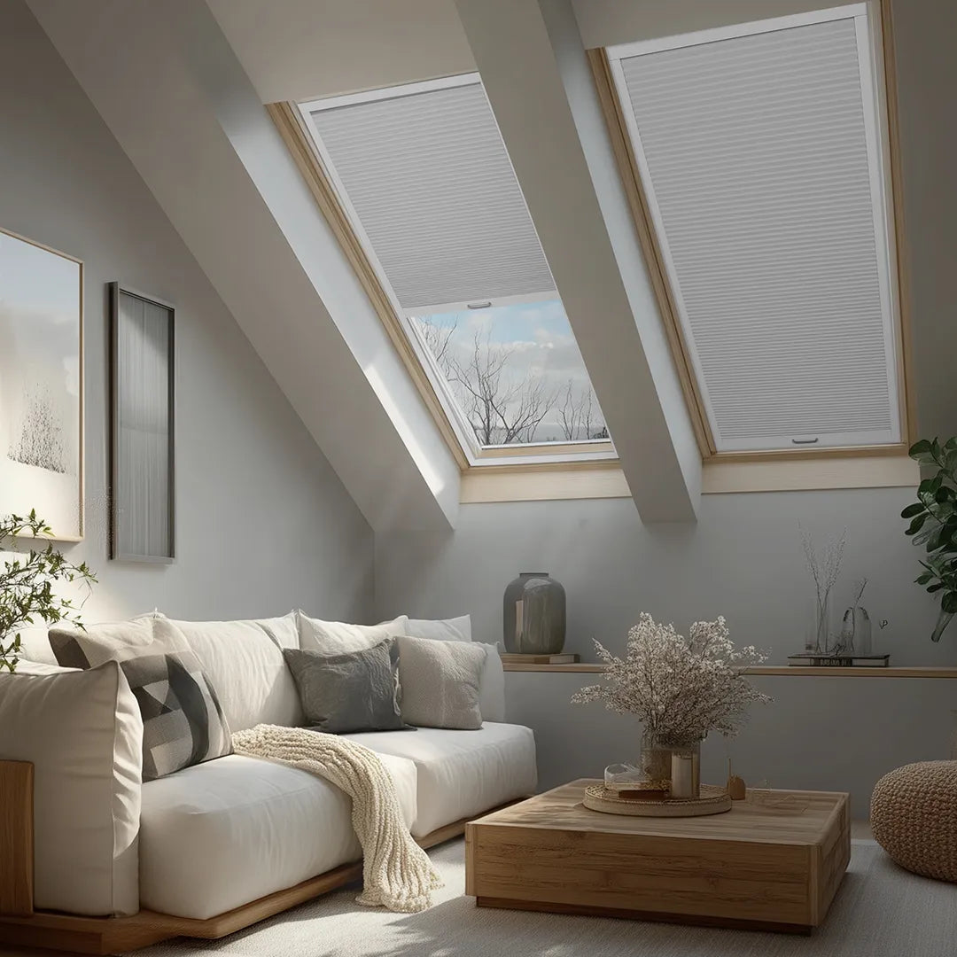 Cozy living room with beige sofa, wooden coffee table, and skylight windows with blinds
