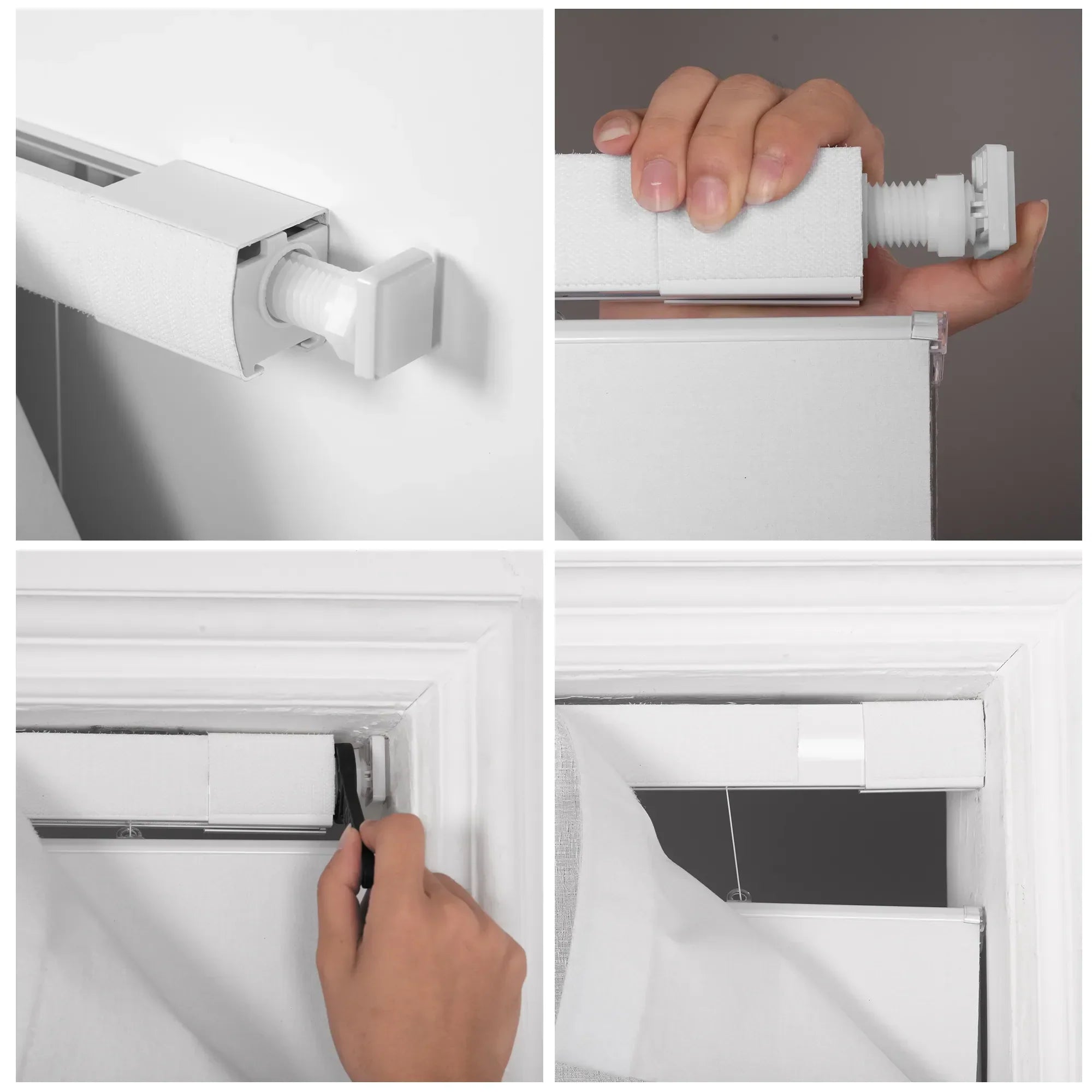 Collage showing installation and adjustment of white tension rod window curtain in window frame