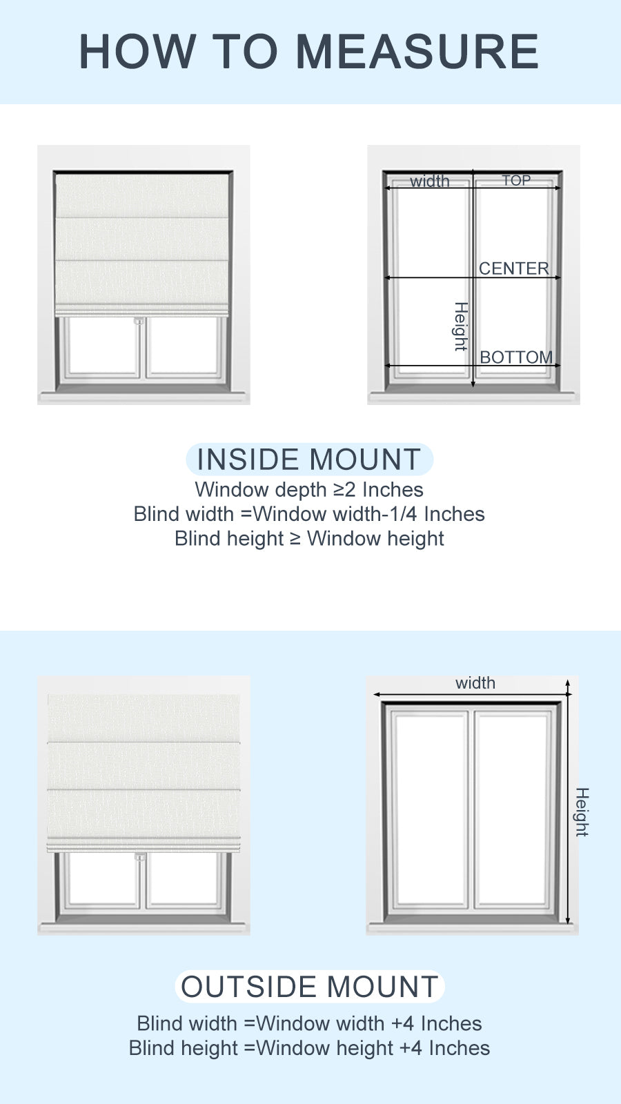 How to measure for Sulugood Classic Cordless Roman Shades with inside and outside mount guidelines.