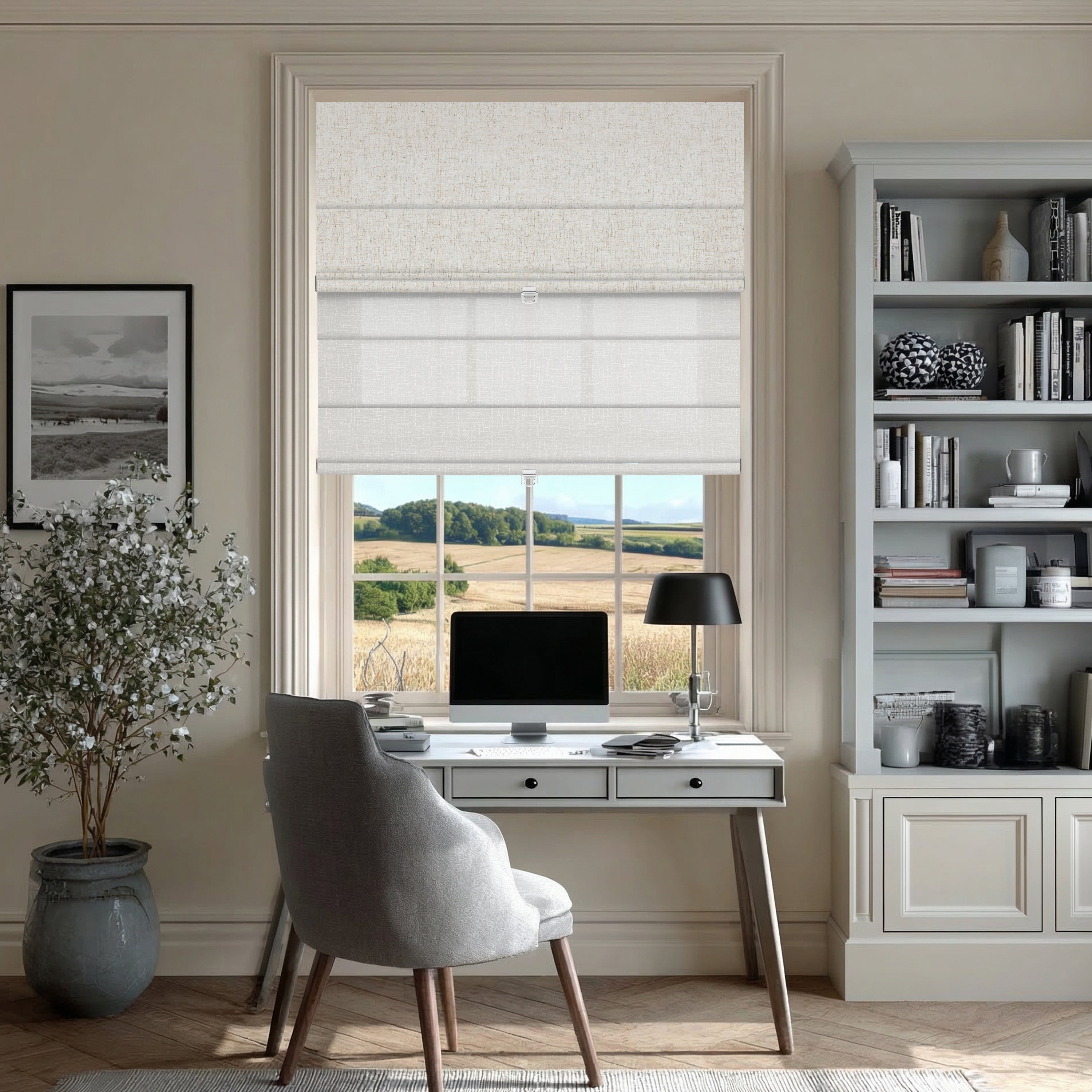 Sulugood Cordless Day and Night Elegant Light Control for Modern Homes Roman Shades in a stylish office setting