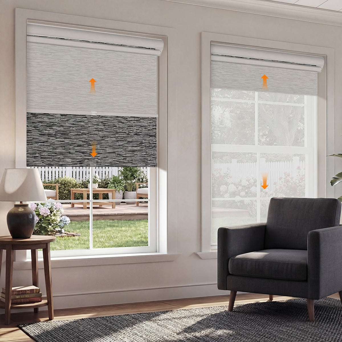 Sulugood Cordless Dual Roller Shades Blackout and Light Filtering Shades with Cassette Valance in modern living room.