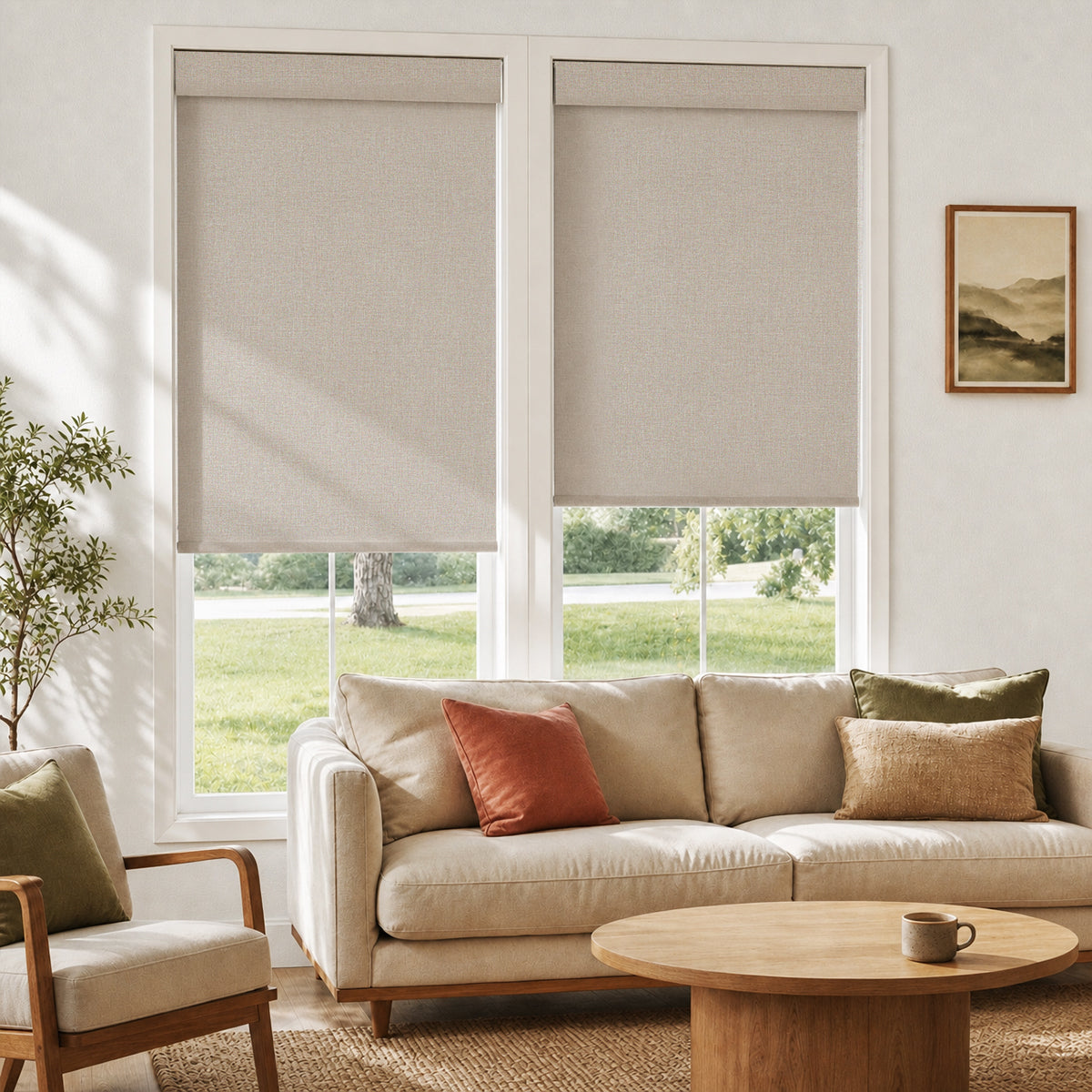 Sulugood No Drill Cordless Light Filtering Faux Linen Roller Shades