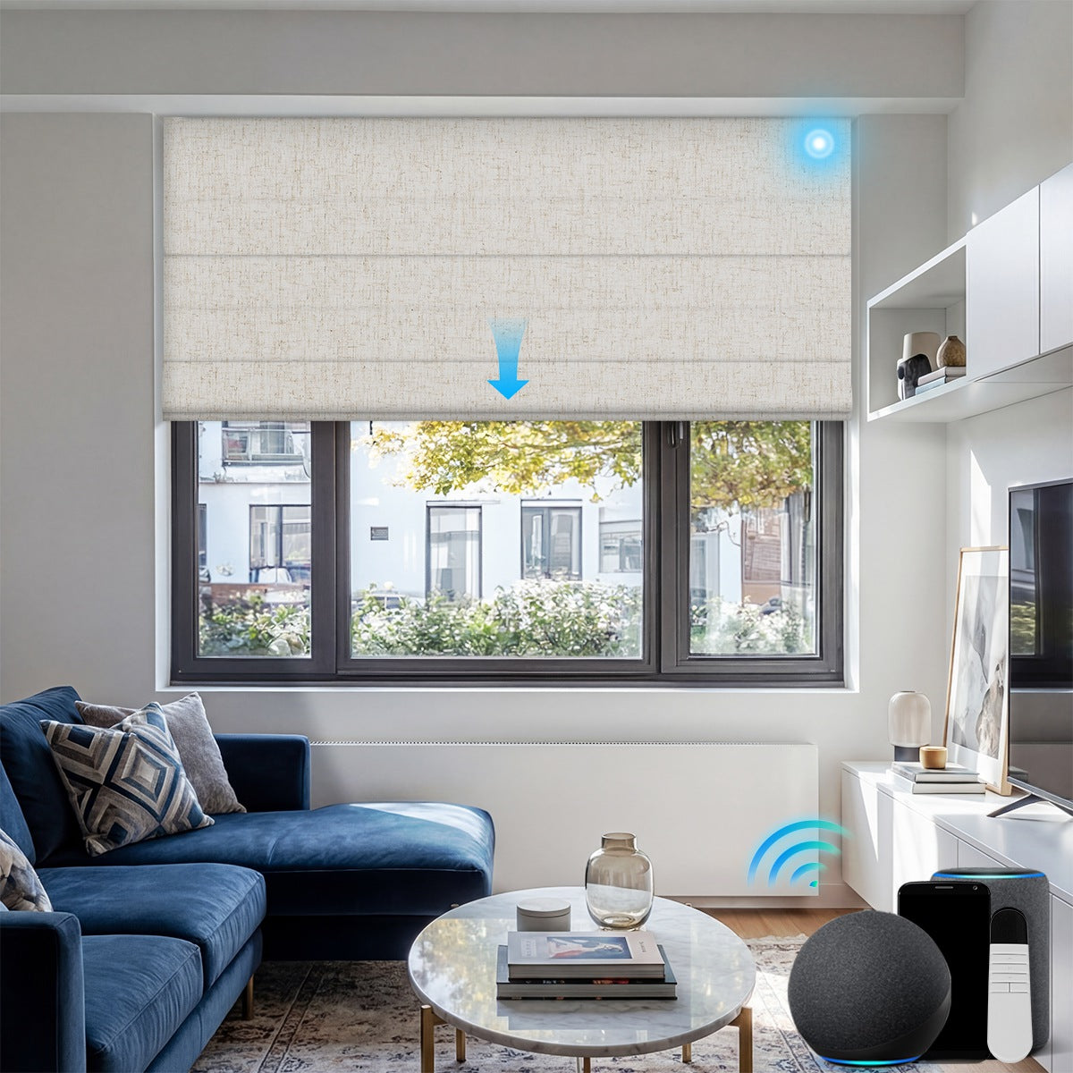 Sulugood Motorized No Drill Cordless Smart Blackout & Light Filtering Roman Blinds in modern living room window