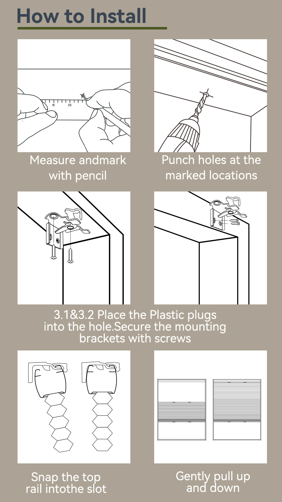 Step-by-step diagram showing how to install window blinds with measuring, drilling, mounting brackets, snapping rail, and adjusting blinds