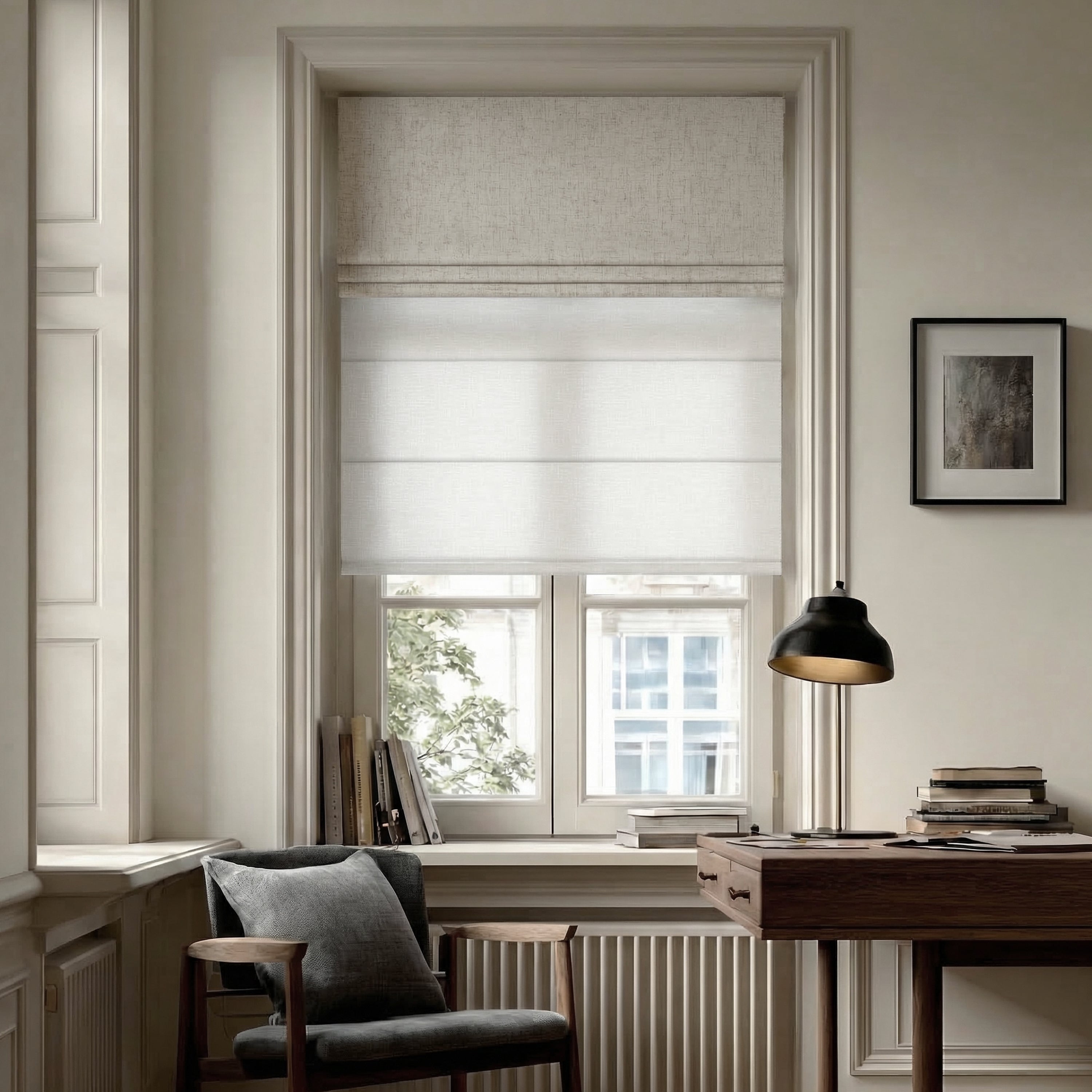 Sulugood Cordless Day and Night Elegant Light Control for Modern Homes Roman Shades in a stylish room.