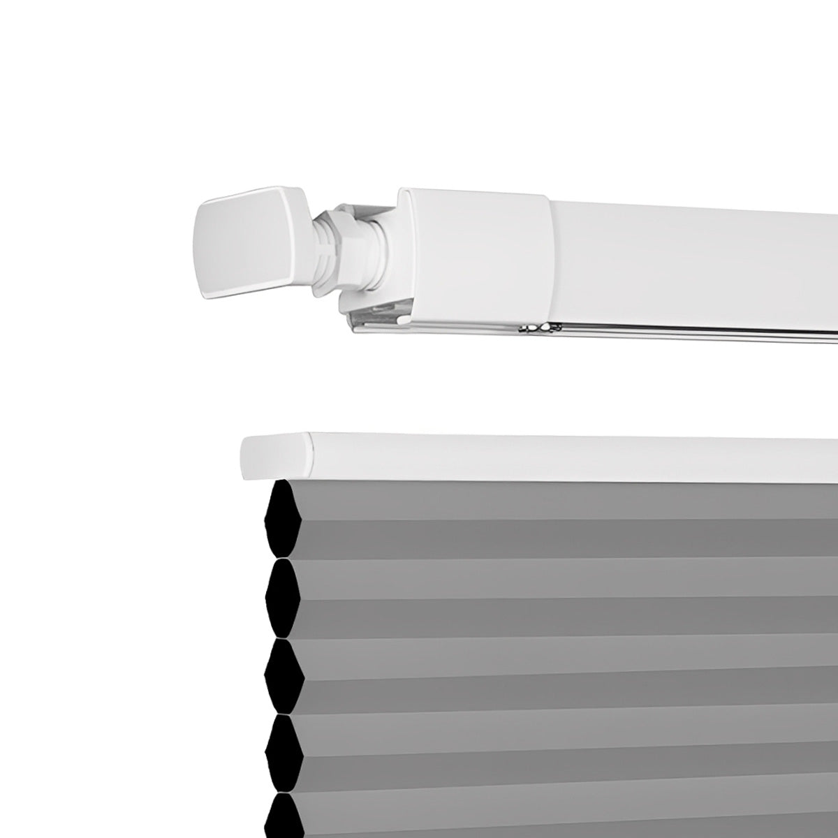 Close-up of white cordless window blind mechanism and gray cellular shade fabric