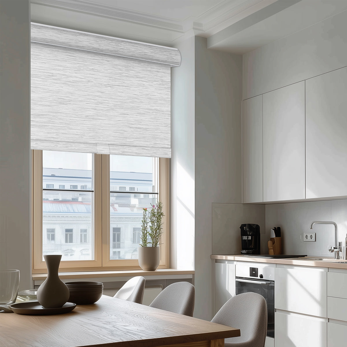 Sulugood Blckout Hand-Held Cassette Valance Roller Shades in a modern kitchen setting, providing sleek window decor.