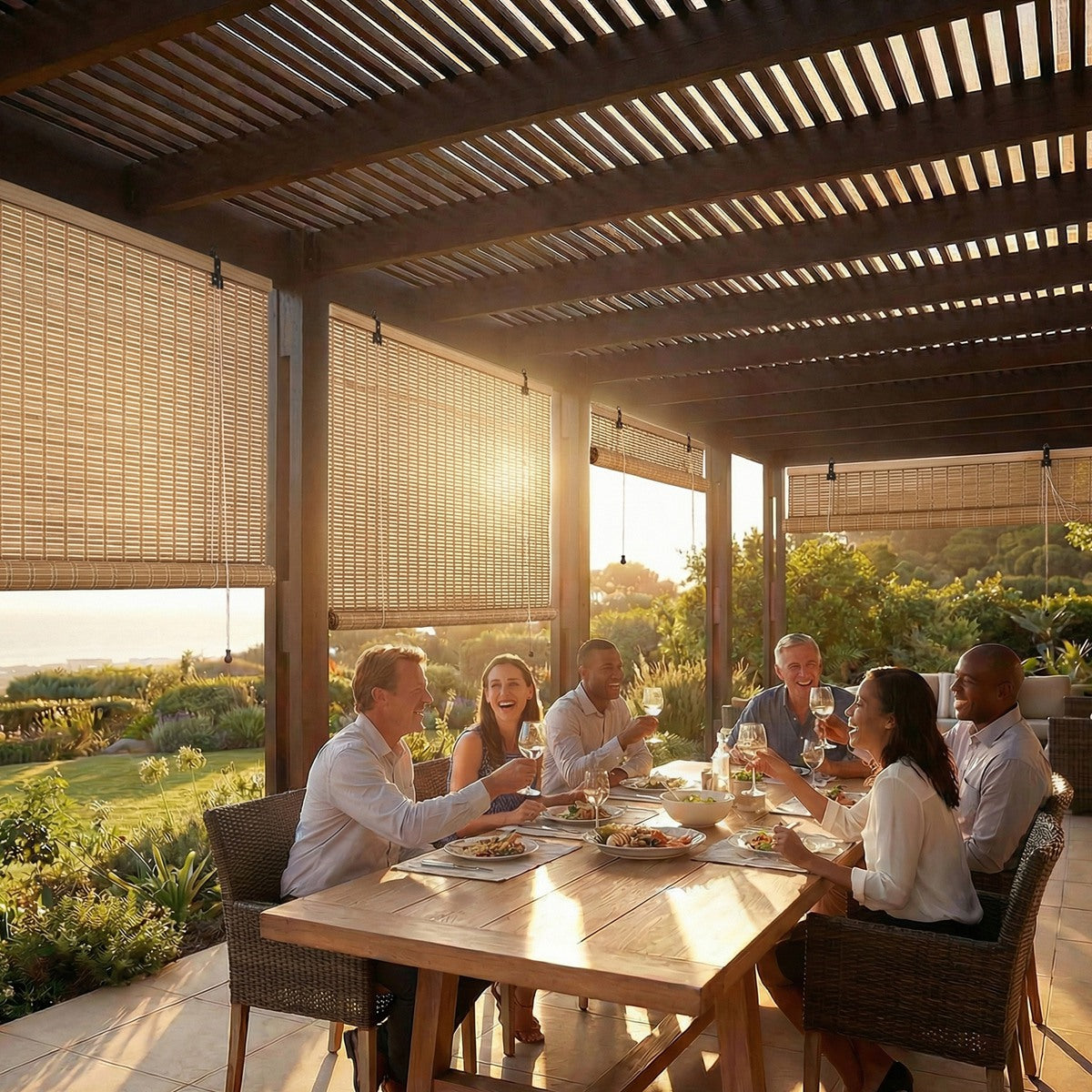 Sulugood Weather Resistant Light Filtering Cord Operated Outdoor Bamboo Shades on a patio during dinner gathering.