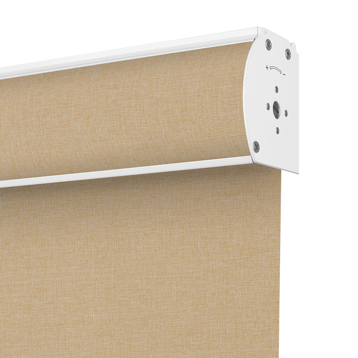 Beige roller window shade with white metal casing and adjustment screws on side