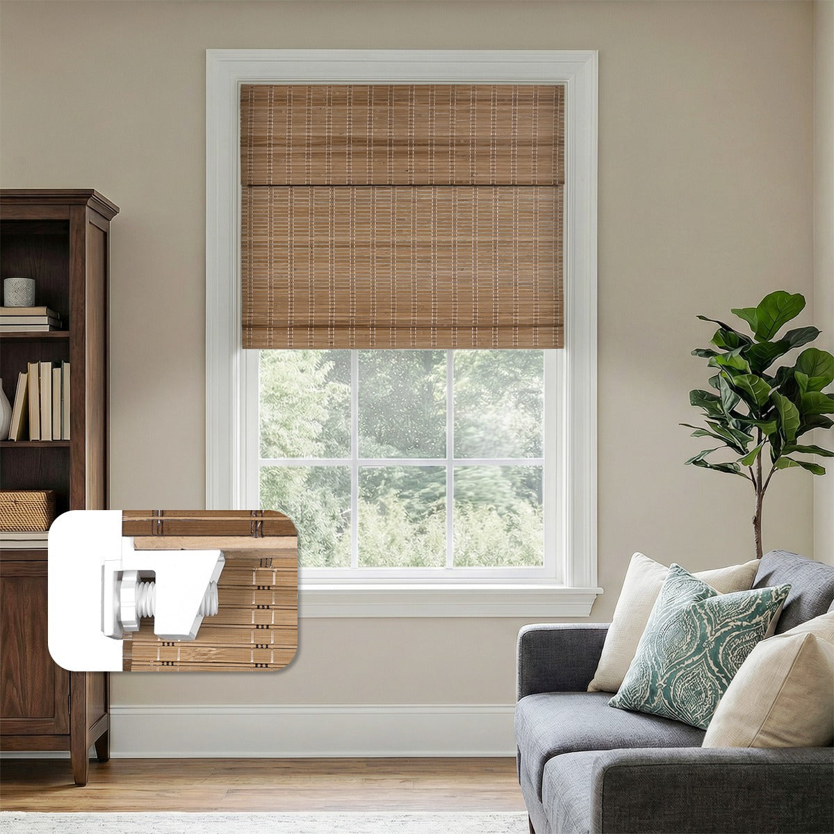 Sulugood No Drill Cordless Premium Natural Texture Bamboo Roman Shades