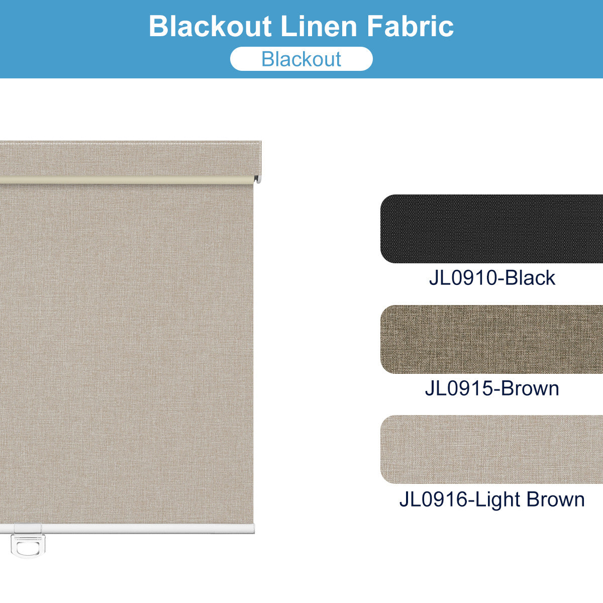 Blackout linen fabric roller shade in light brown with black and brown fabric swatches