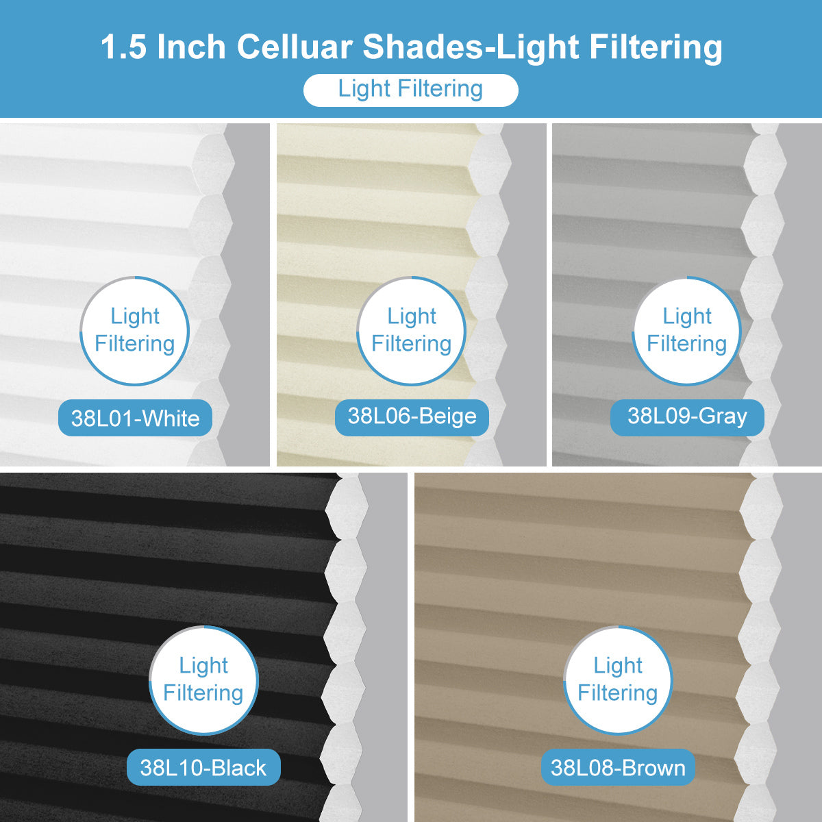 Sulugood Cellular Shades Fabric Sample light filtering options, including white, beige, gray, black, and brown.