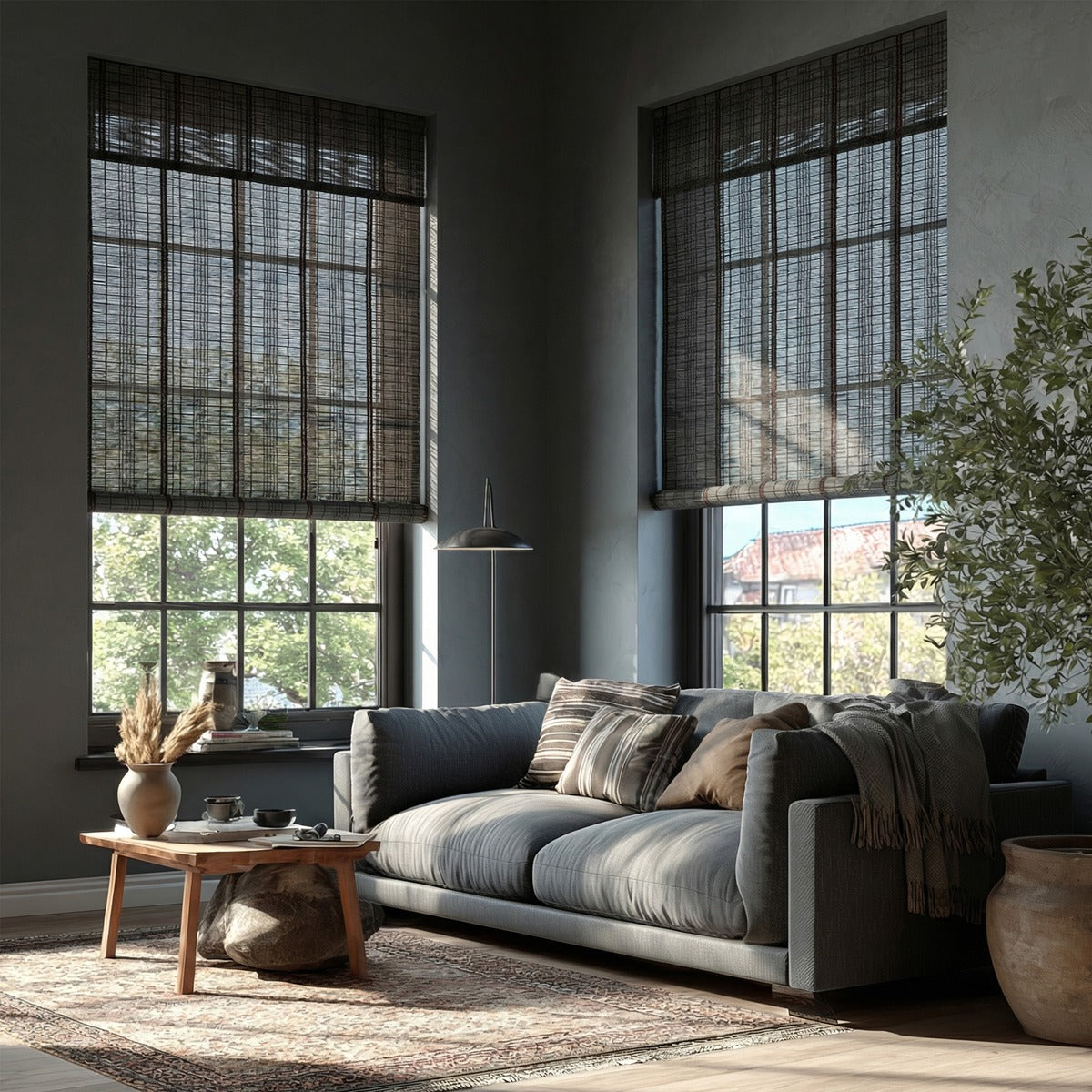 Sulugood Premium Black Hand-Woven Weather Resistant Outdoor Bamboo Shades in a cozy living room setting.
