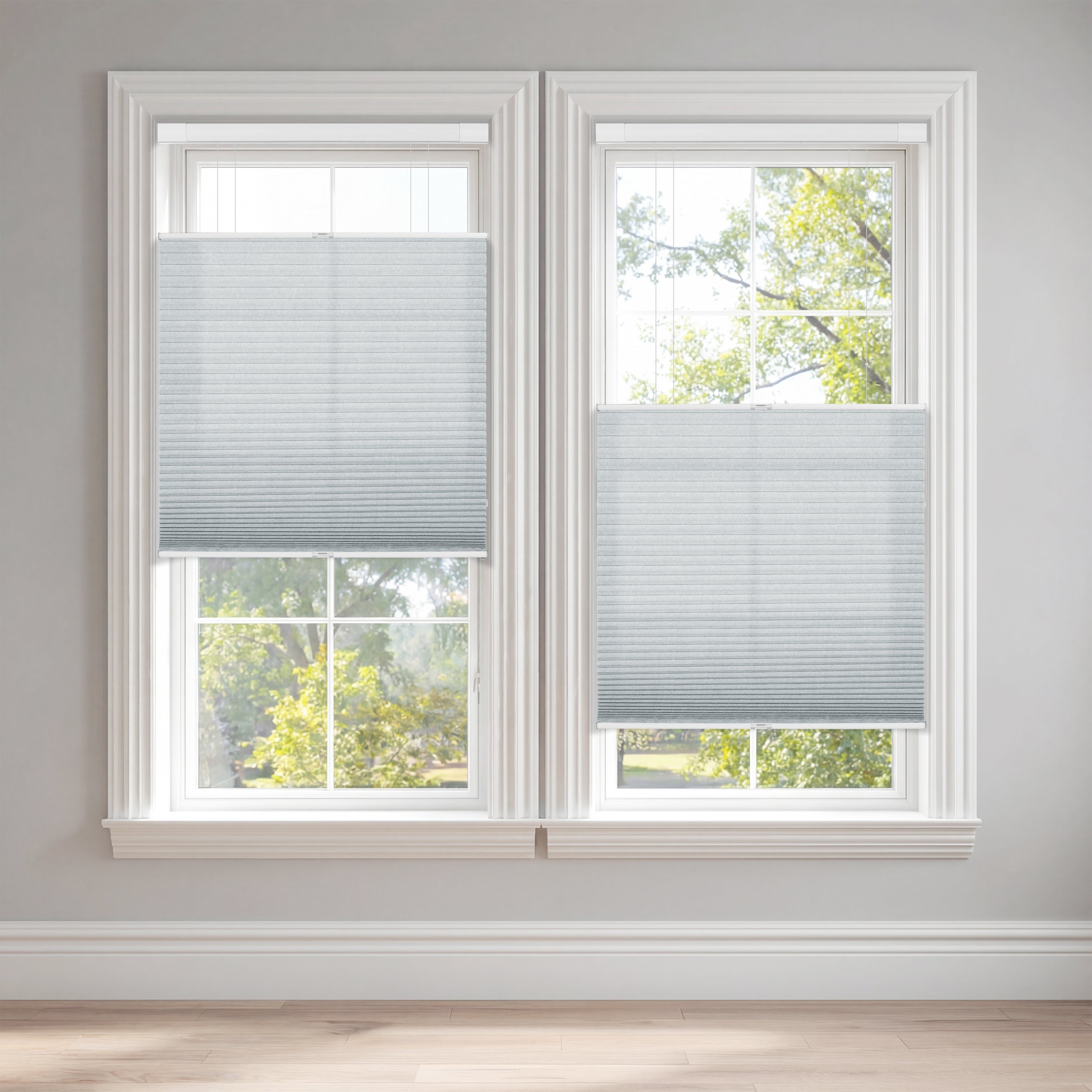 Sulugood New Arrival No Drill Top Down Bottom Up Cellular Honeycomb Blinds Cell In Cell Design in a stylish room.