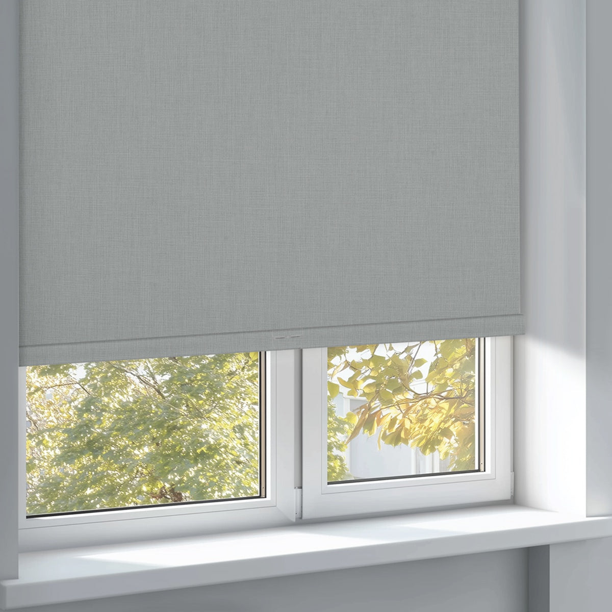 Sulugood Paceful Cross-patterned Double-Sided Same Colored Blackout Linen Roller Shades in a cozy window setting.