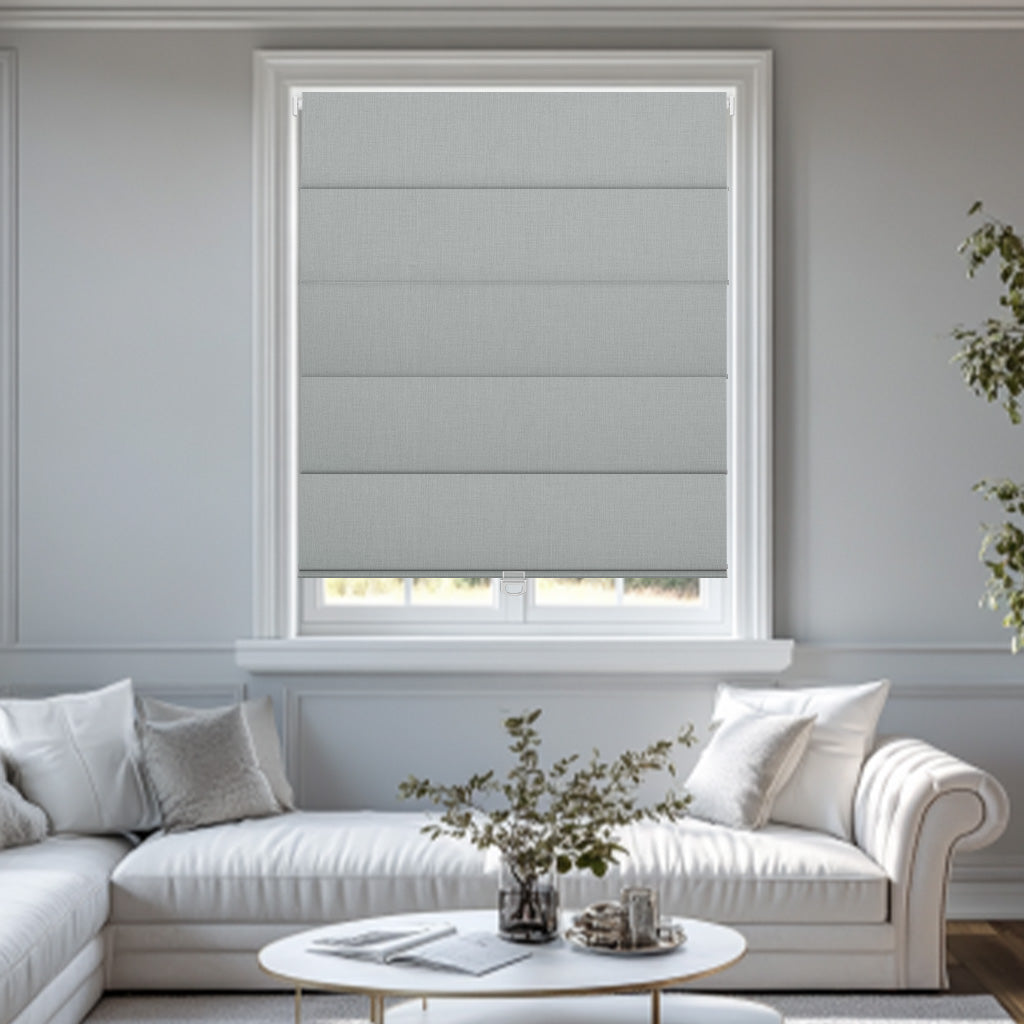 Sulugood No Drill Linen Fabric Cordless Roman Shades in a modern living room setting.