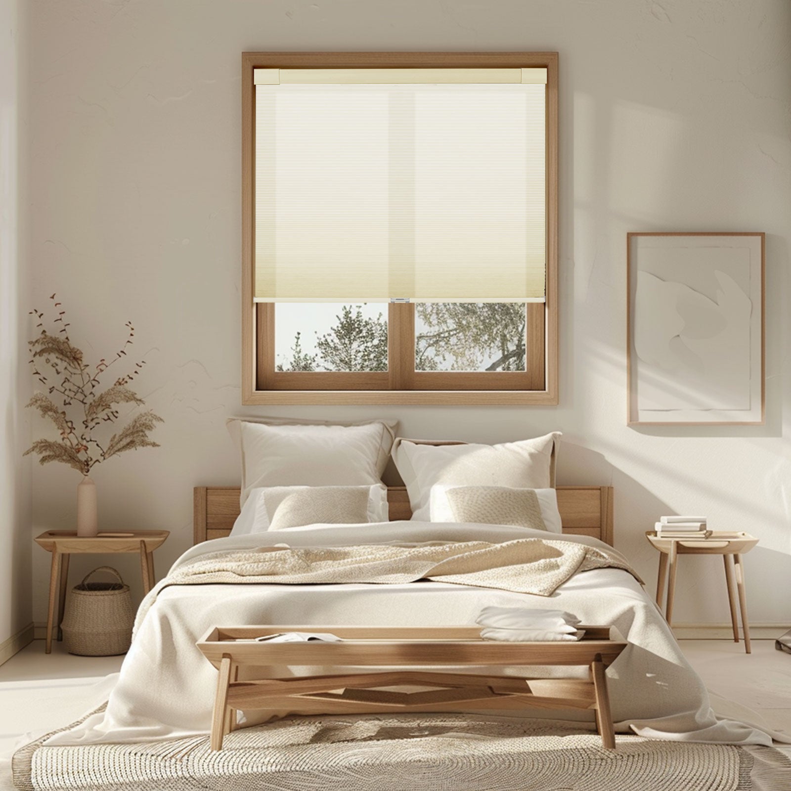 Cozy modern bedroom with beige bedding, wooden bed frame, window with cream blinds, and minimalist decor