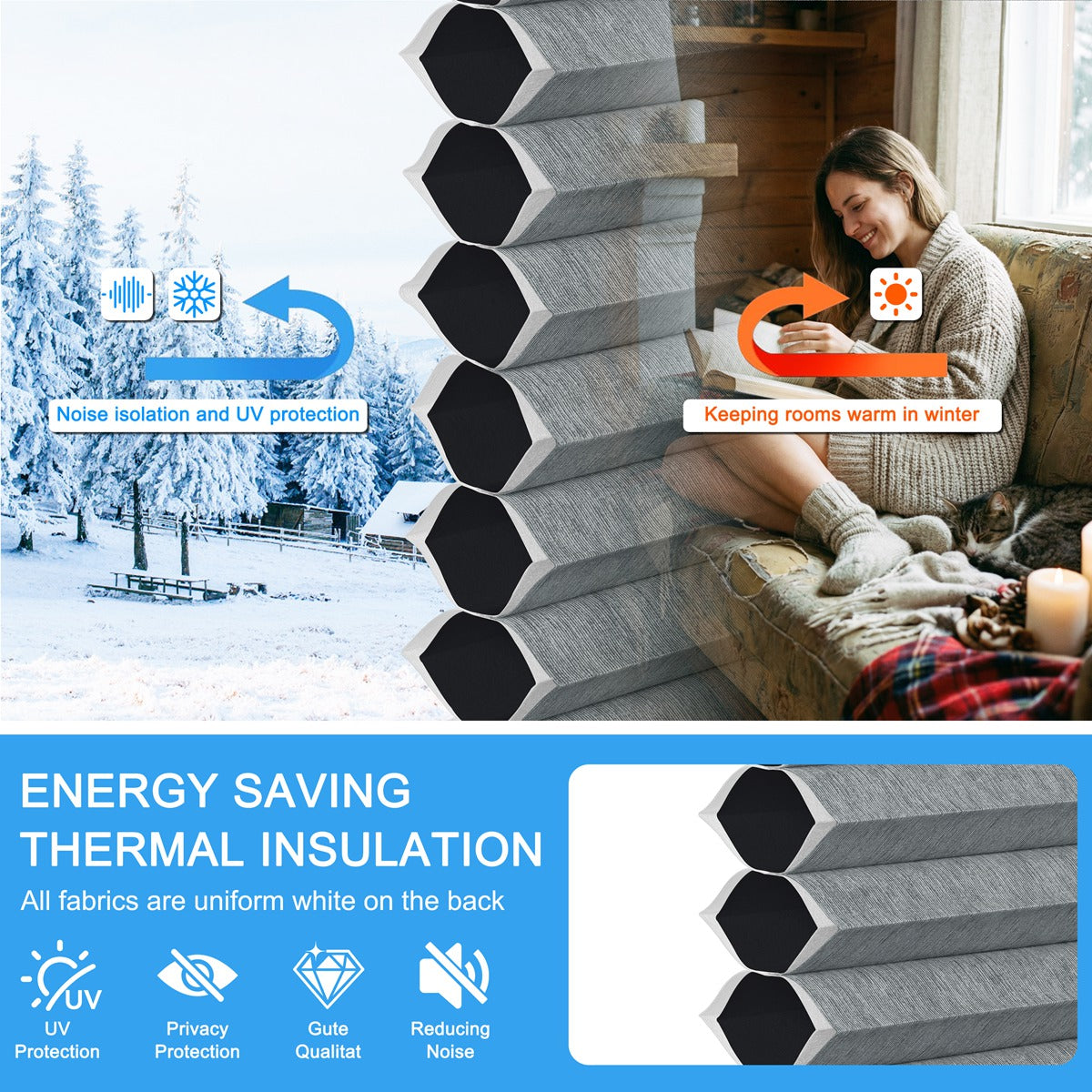 Sulugood New Arrival Premium Cell In Cell Motorized Standard Honeycomb Blinds with thermal insulation and cozy living space.