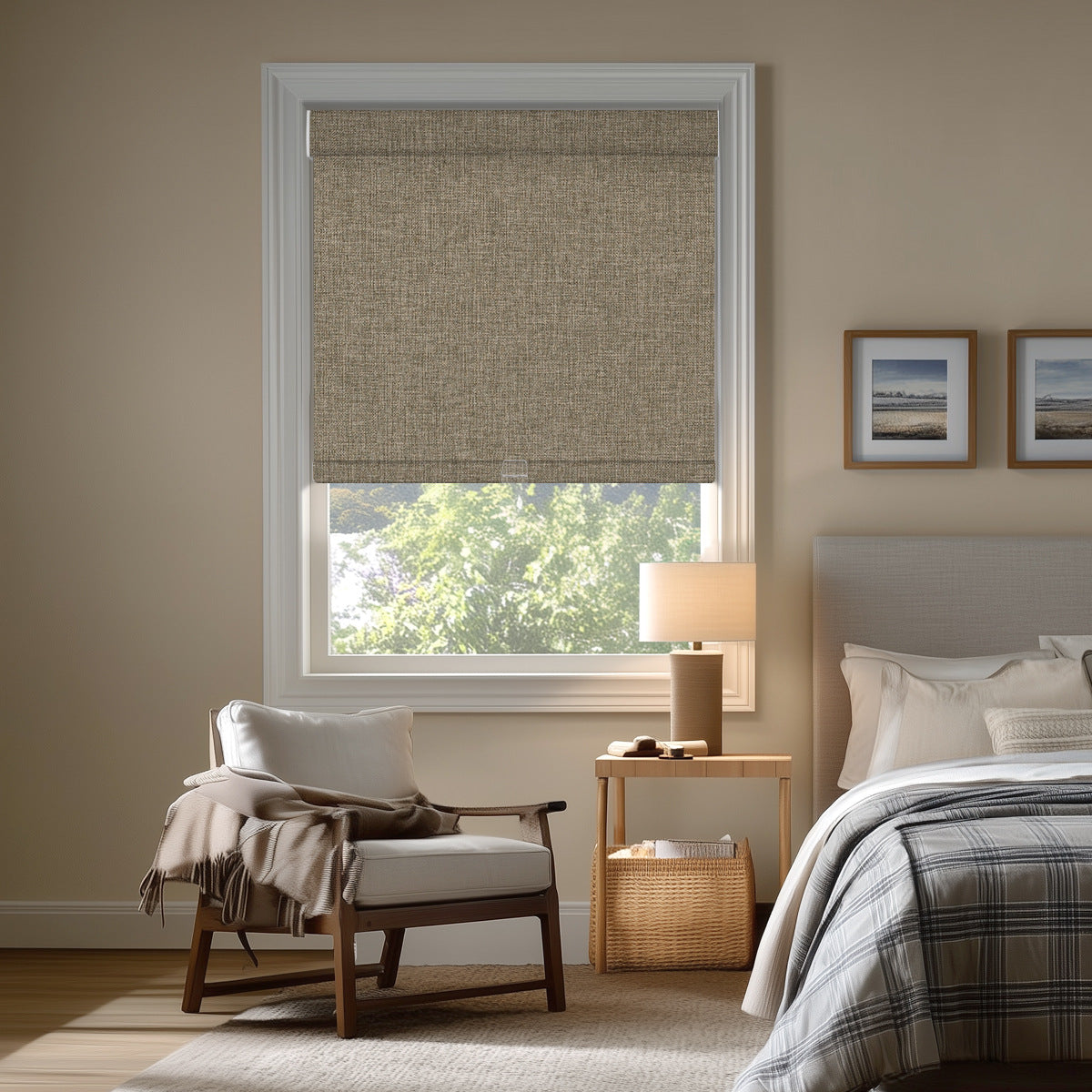 Sulugood Hand-Held Linen-Wrapped Cassette Valance Roller Shades in a cozy bedroom setting.