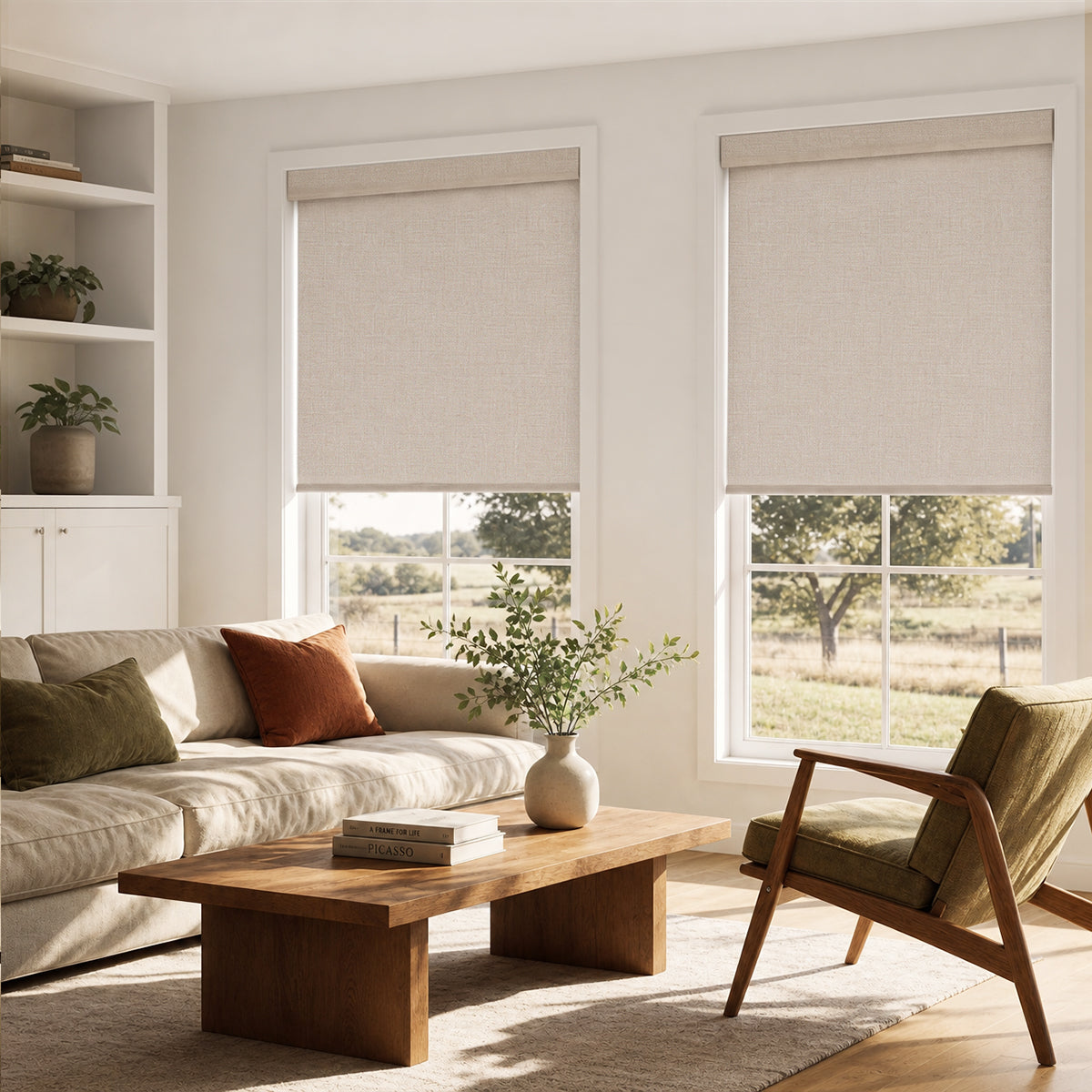 Sulugood No Drill Cordless Light Filtering Faux Linen Roller Shades