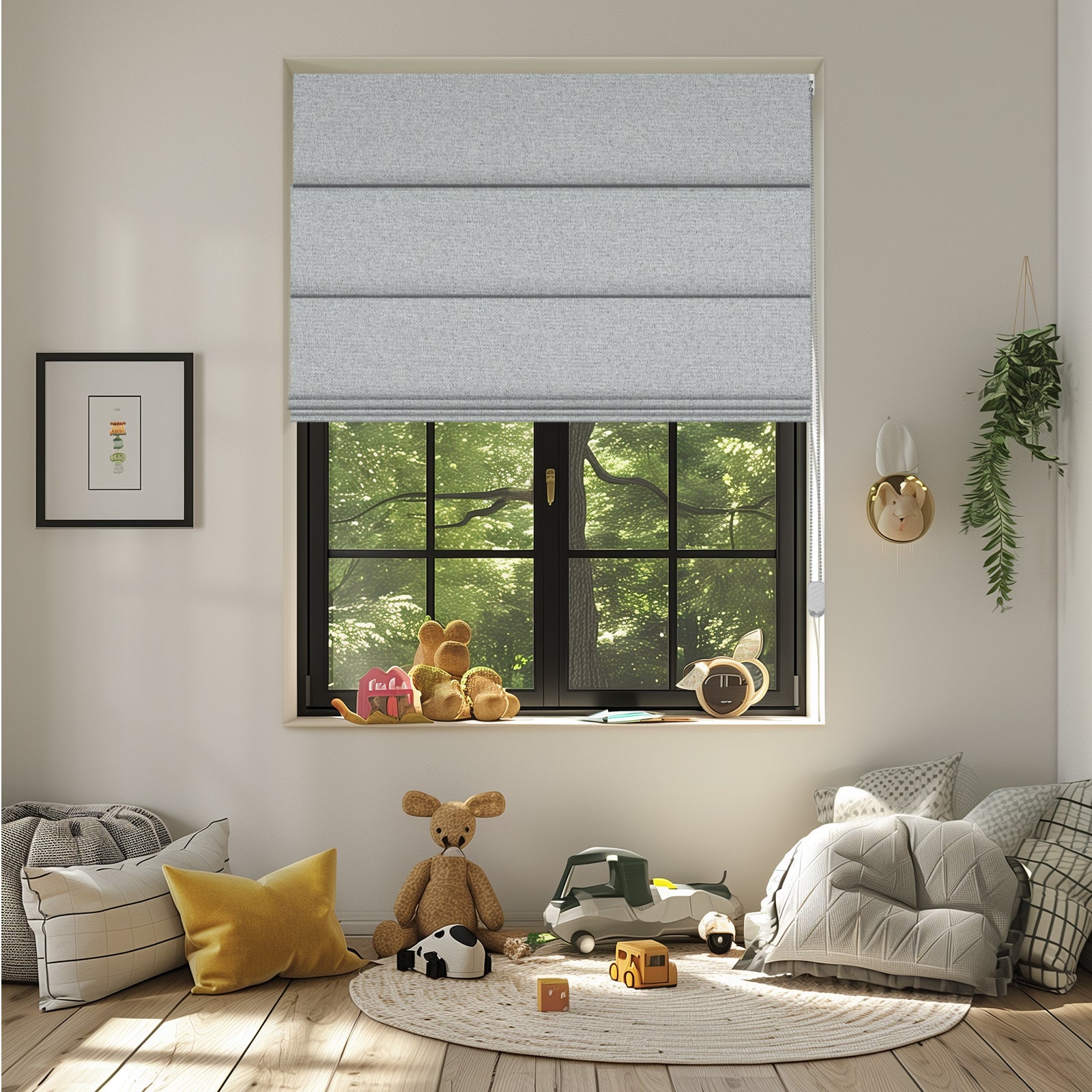 Sulugood Casual Pleated Blackout Roman Shades in a sunny window with a cozy room setting.