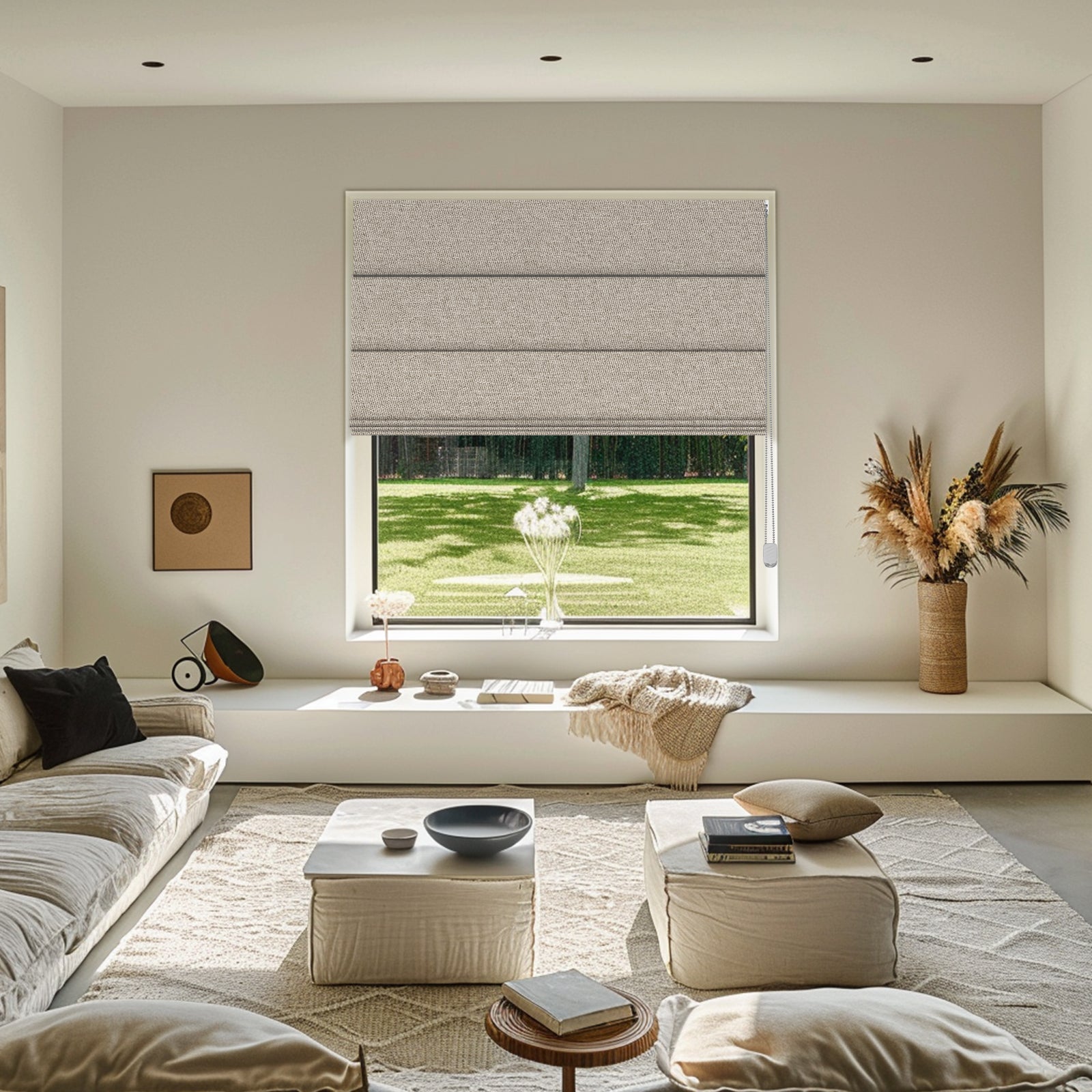 Sulugood Casual Pleated Blackout Roman Shades in a modern living room with natural light.