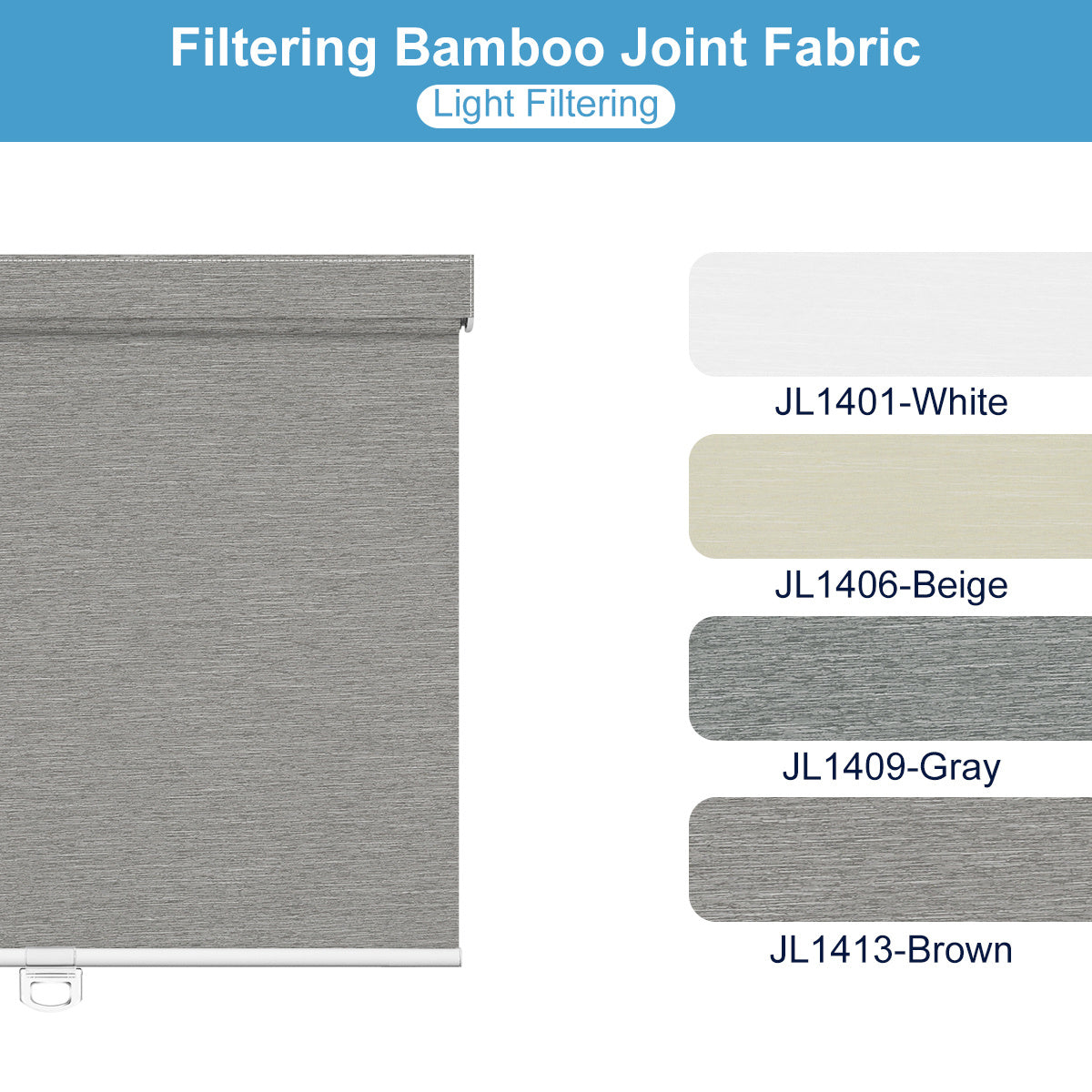 Gray bamboo joint fabric roller shade with light filtering option alongside color swatches in white, beige, gray, and brown