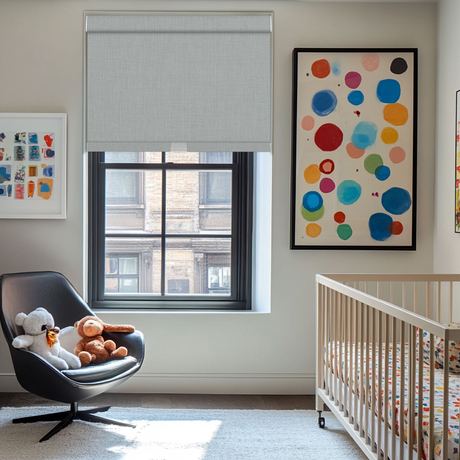 Sulugood Linen Double-sided Same Color Cordless Blackout Roller Shades in a bright nursery with a crib.