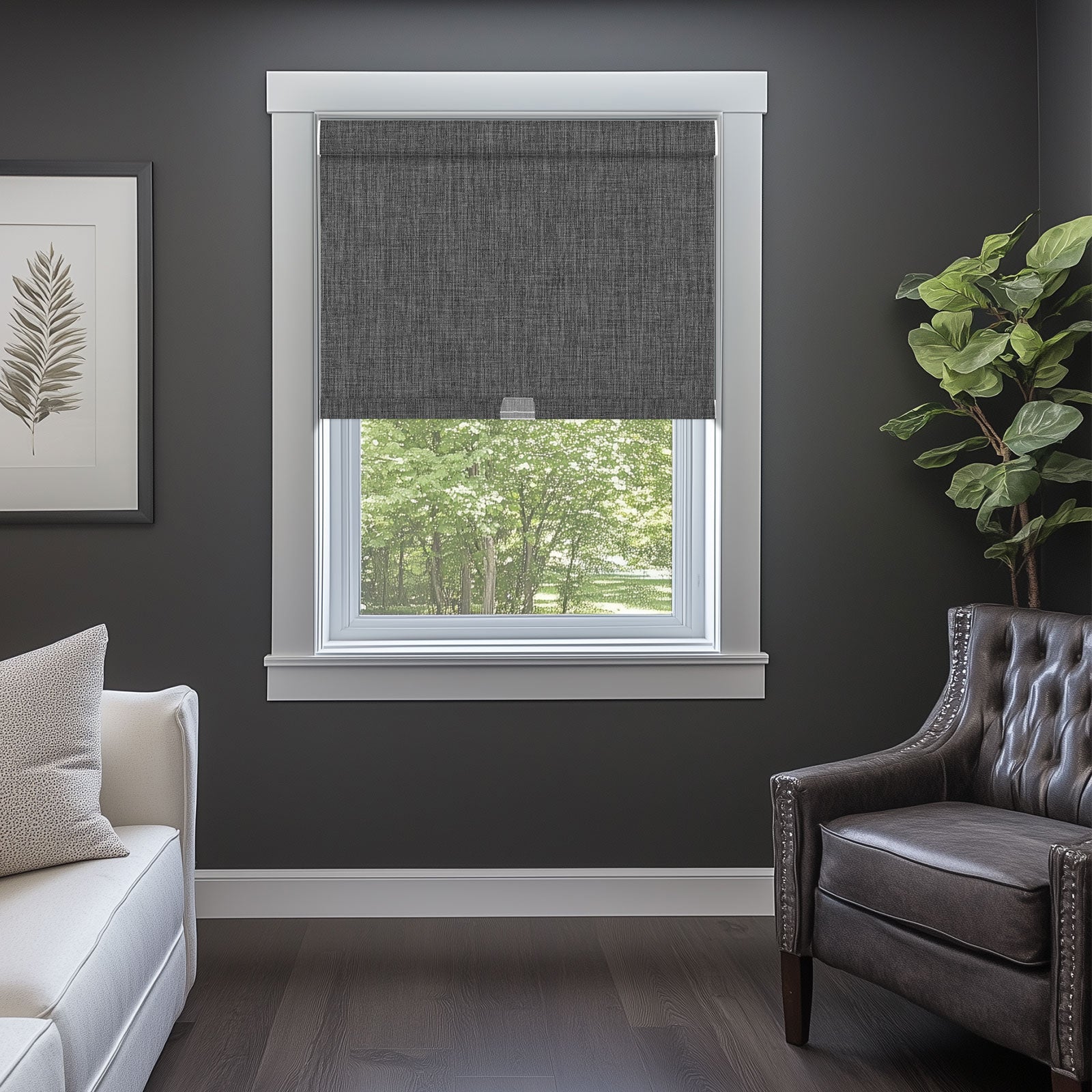 Sulugood Linen Double-sided Same Color Cordless Blackout Roller Shades in a modern living room.