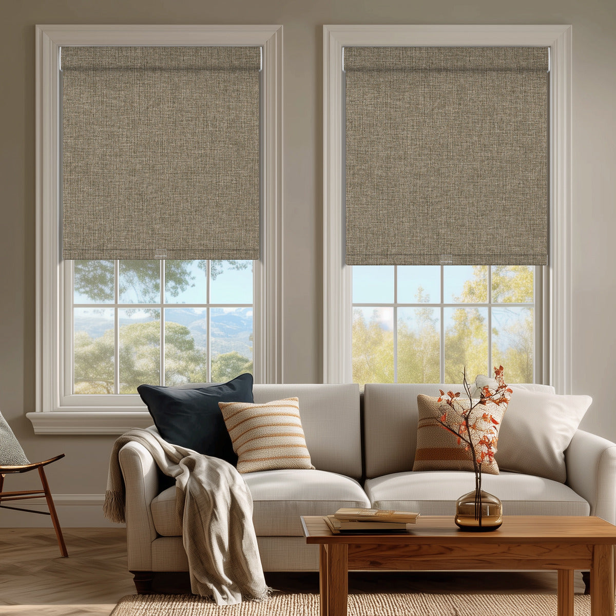 Sulugood Hand-Held Linen-Wrapped Cassette Valance Roller Shades in a cozy living room setting.