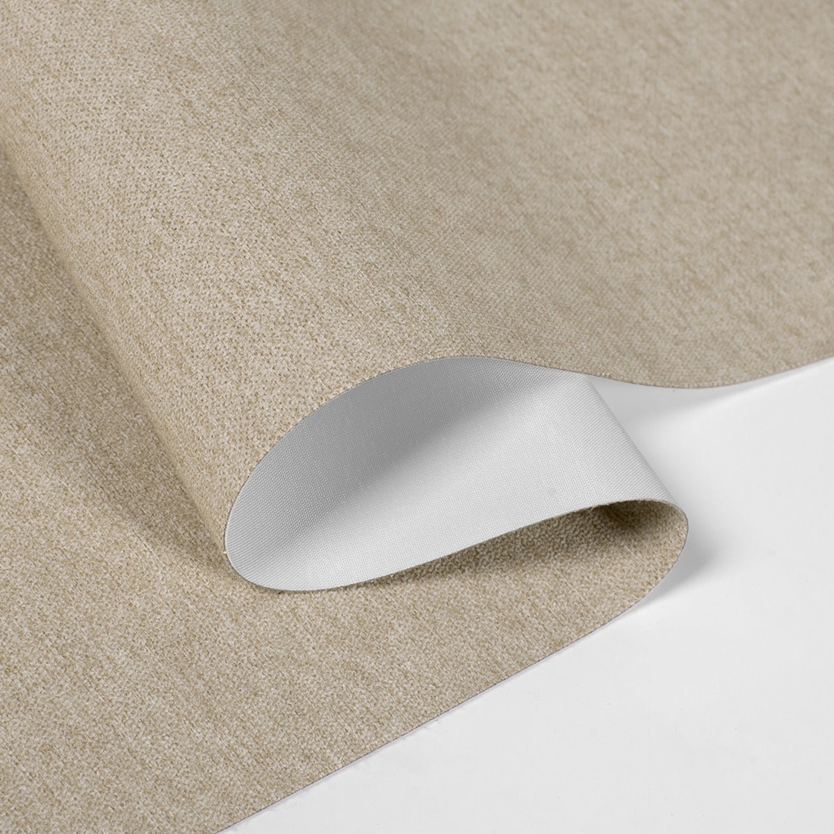 Close-up of beige fabric showing smooth texture, ideal for use in Sulugood Smart Motorized Blackout Light Filterling Roman Shades.