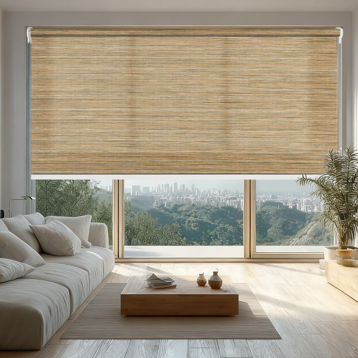 Sulugood Wood-grain Imitation Fabric Easy to Install Light Filtering Roller Blinds