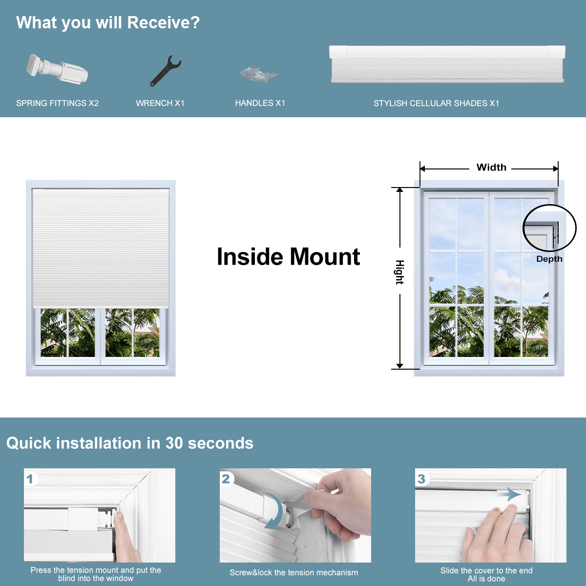 Sulugood No Dril Same Color With Casing Cellular Shades with installation guide and product details.
