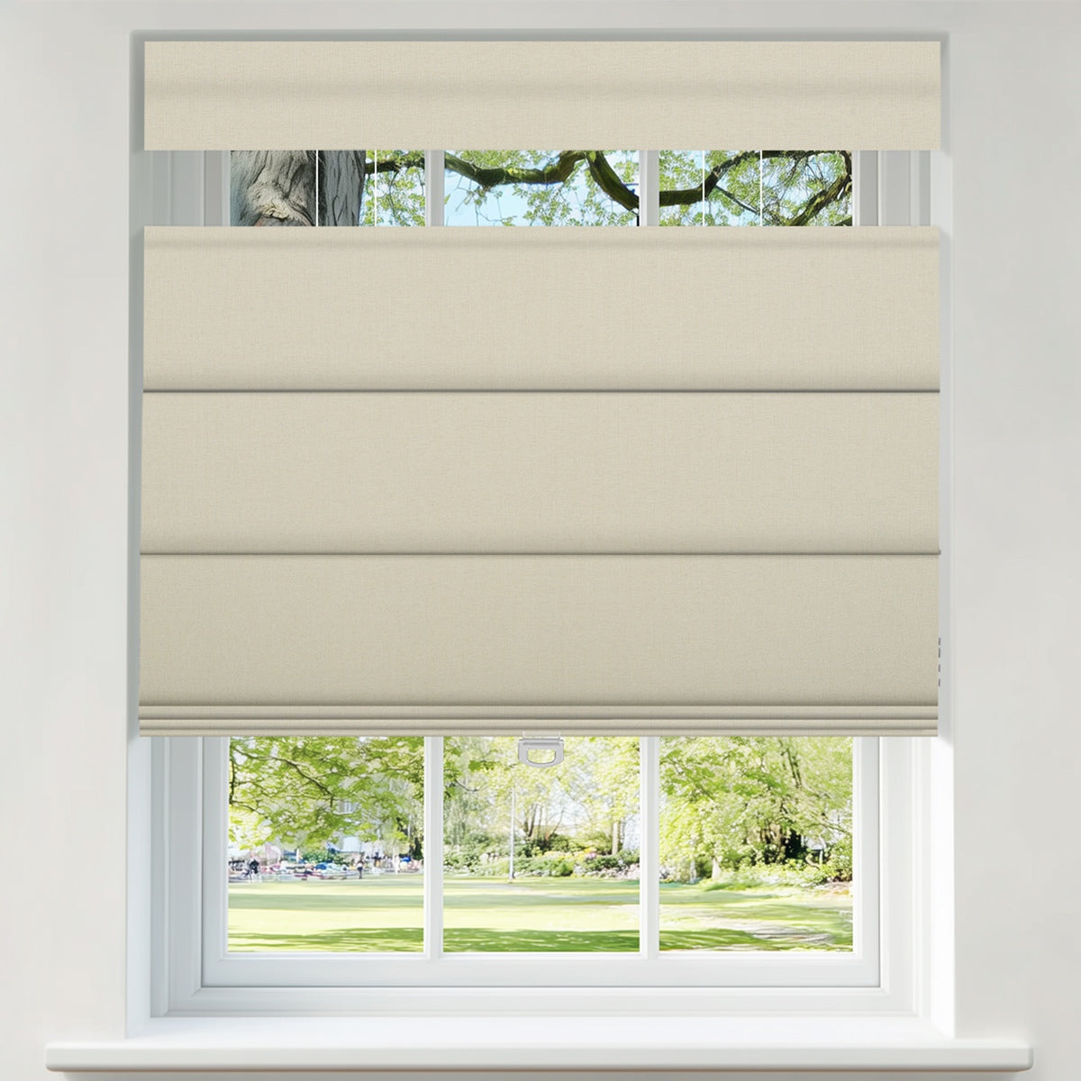 Sulugood No Drill Double Sided Linen Blackout Top Down and Bottom Up Roman Shades installed in a bright window.