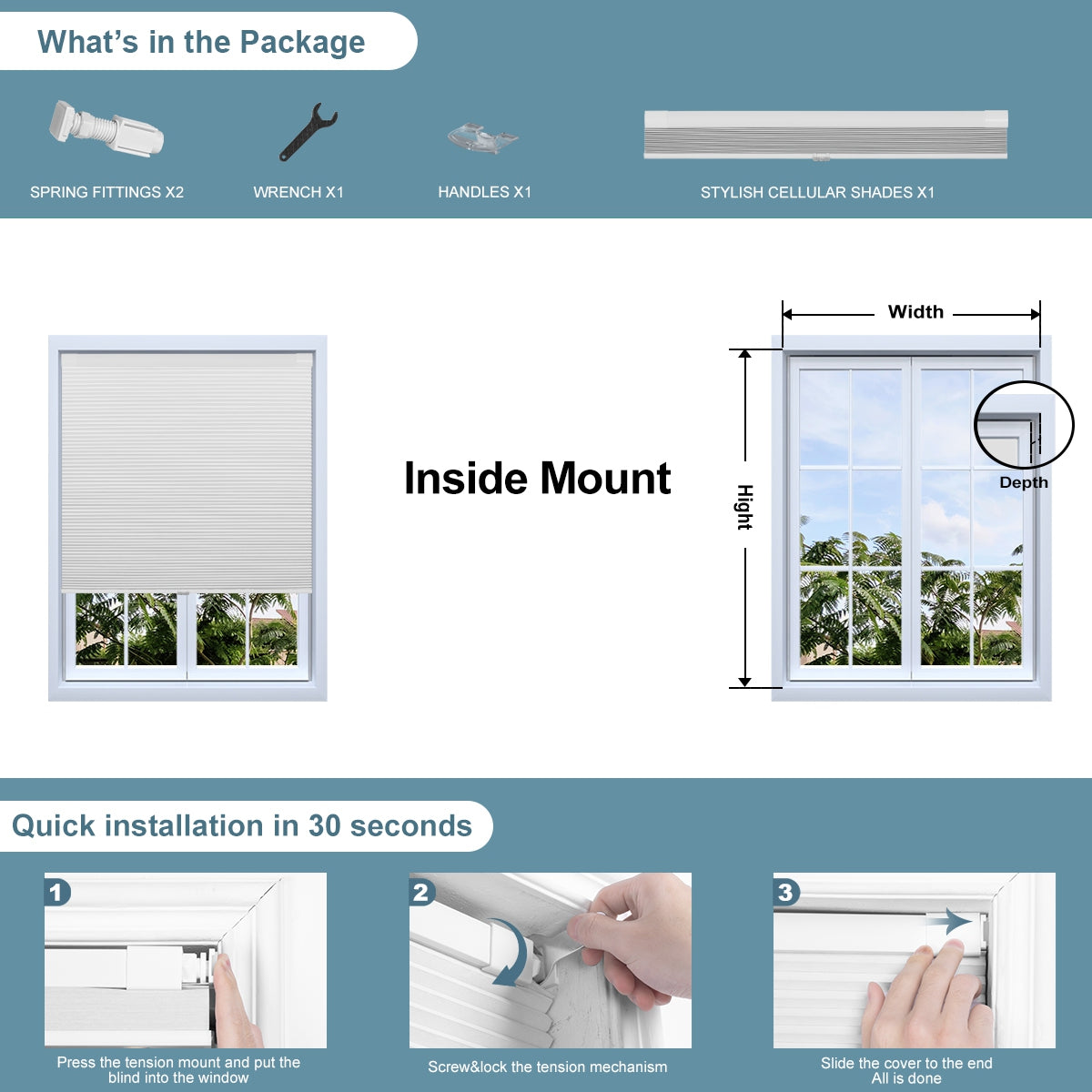 Sulugood No Drill Custom Cordless Mini Honeycomb Cellular Shades