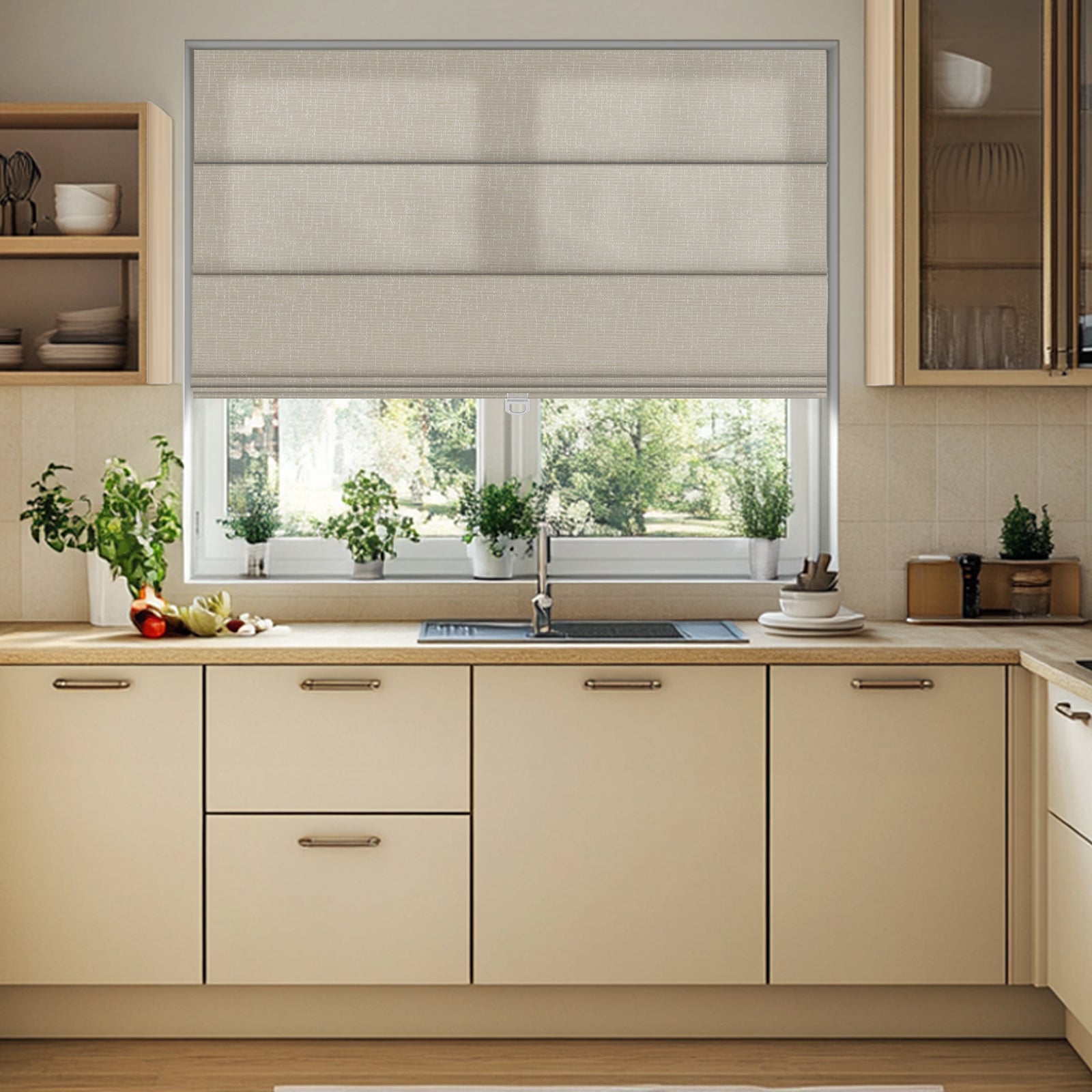 Sululugood No Dril Square Grid Roman Shade installed in a modern kitchen with soft natural light.