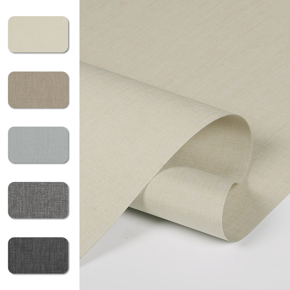 Sulugood No Drill Double Sided Linen Blackout Top Down and Bottom Up Roman Shades fabric samples showing color options.