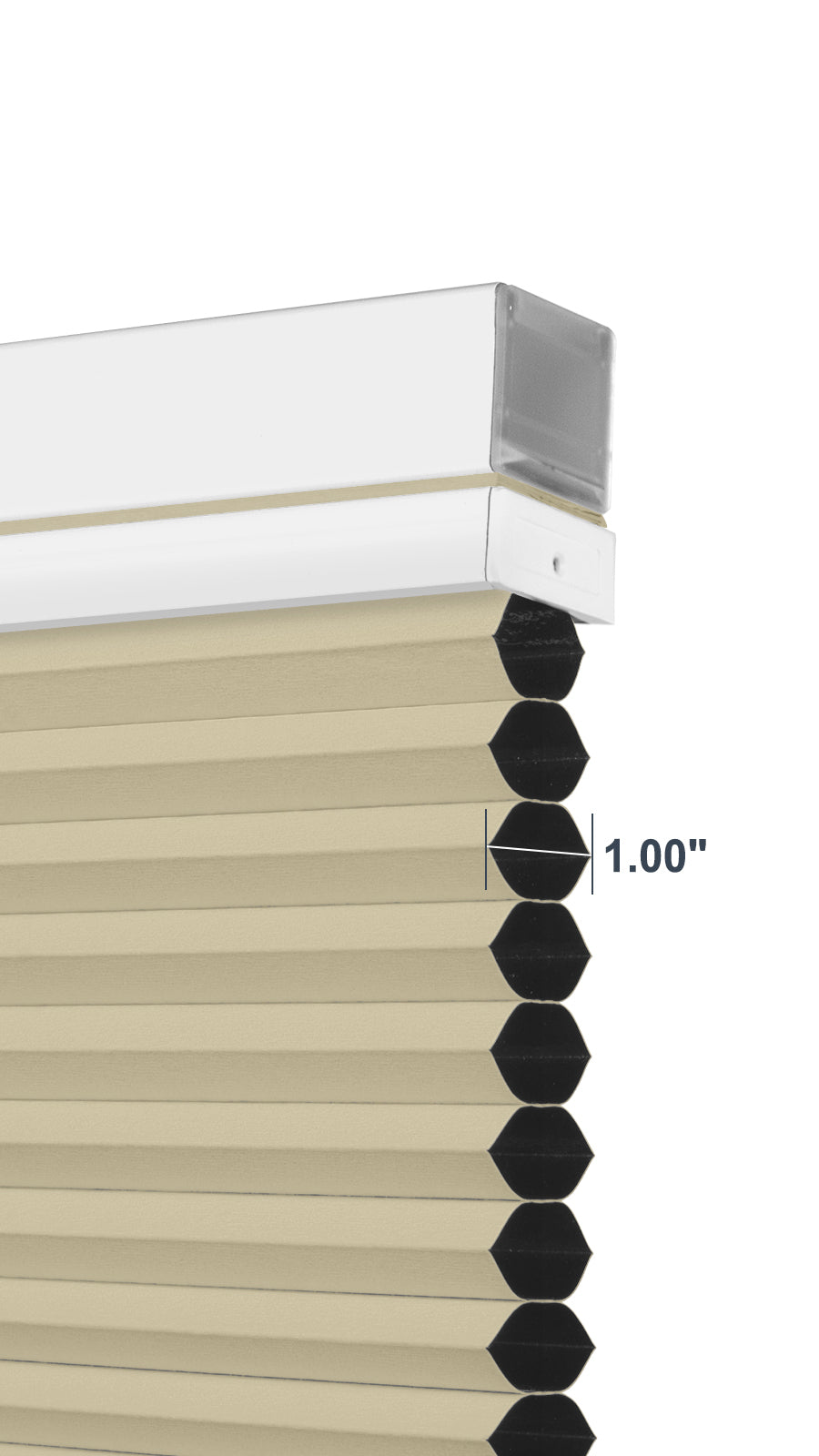 Close-up of beige cellular window blind with 1-inch honeycomb cells and white top rail