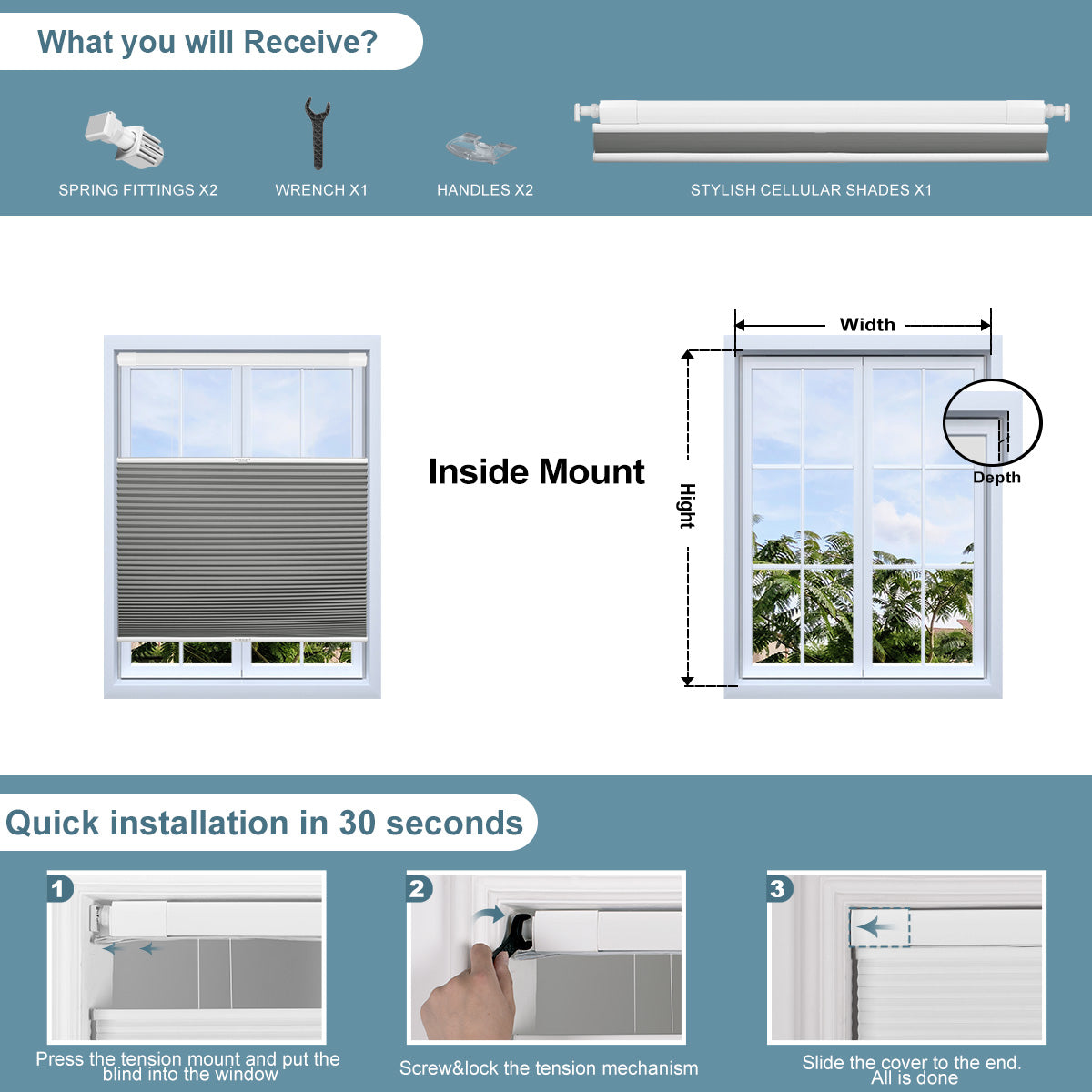 Inside mount installation guide for Sulugood No Drill Solid Color Blackout Fabrics Top-Down Bottom-Up Cellular Shade.