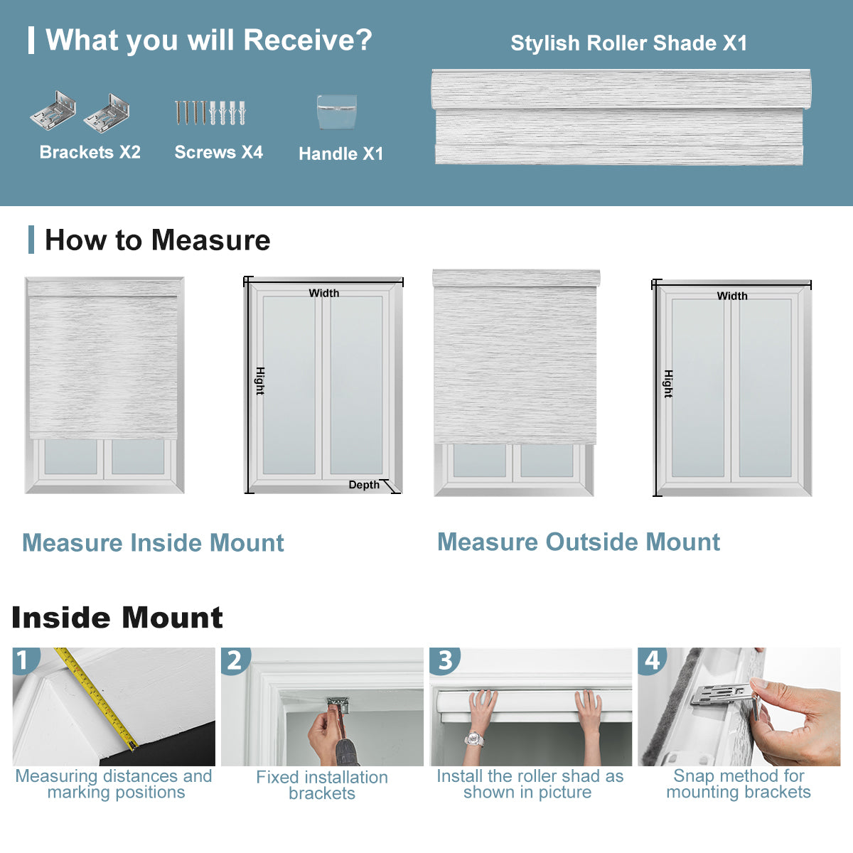 Sulugood Blckout Hand-Held Cassette Valance Roller Shades installation guide and measurement instructions.