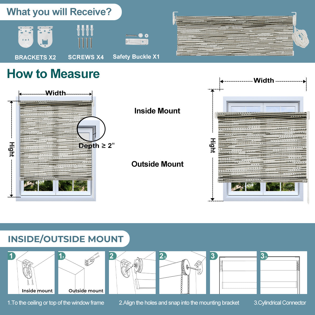 Sulugood Easy Installation With Bead Rope Light Filtering Jacquard Roller Shades installation guide and measurement instructions.
