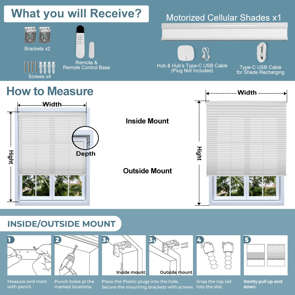 Sulugood Cordless Smart Motorized Blackout & Light Filtering Cellular Shades installation guide with measuring instructions.