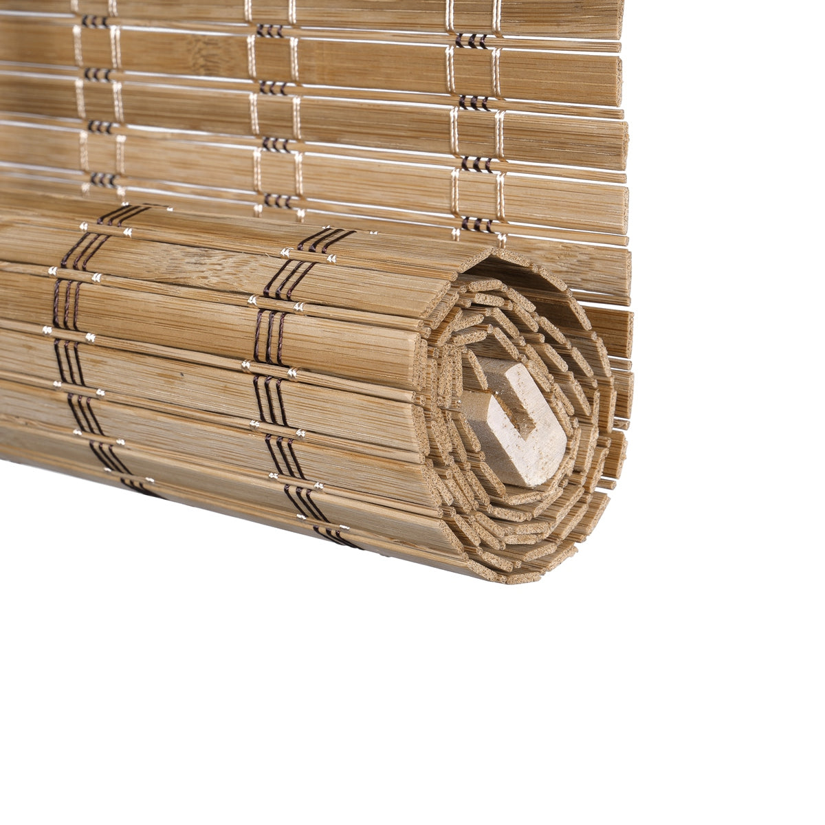 Sulugood Weather Resistant Light Filtering Cord Operated Outdoor Bamboo Shades rolled up, showcasing premium bamboo craftsmanship.