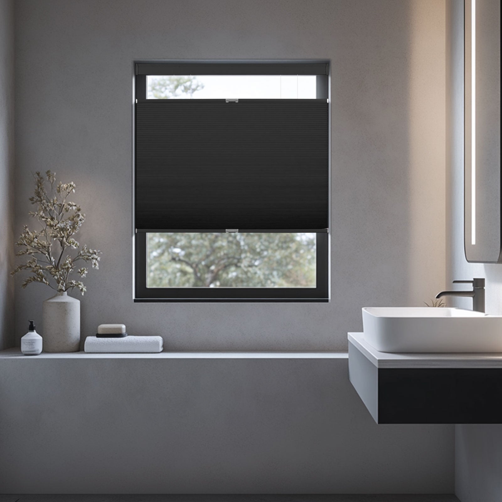 Minimalist bathroom with black window blinds, white sink, and decorative vase on shelf