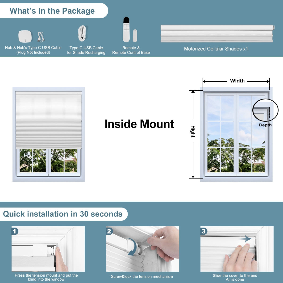 Sulugood No Drill Motorized Day Night Cellular Blinds Remote & App Control