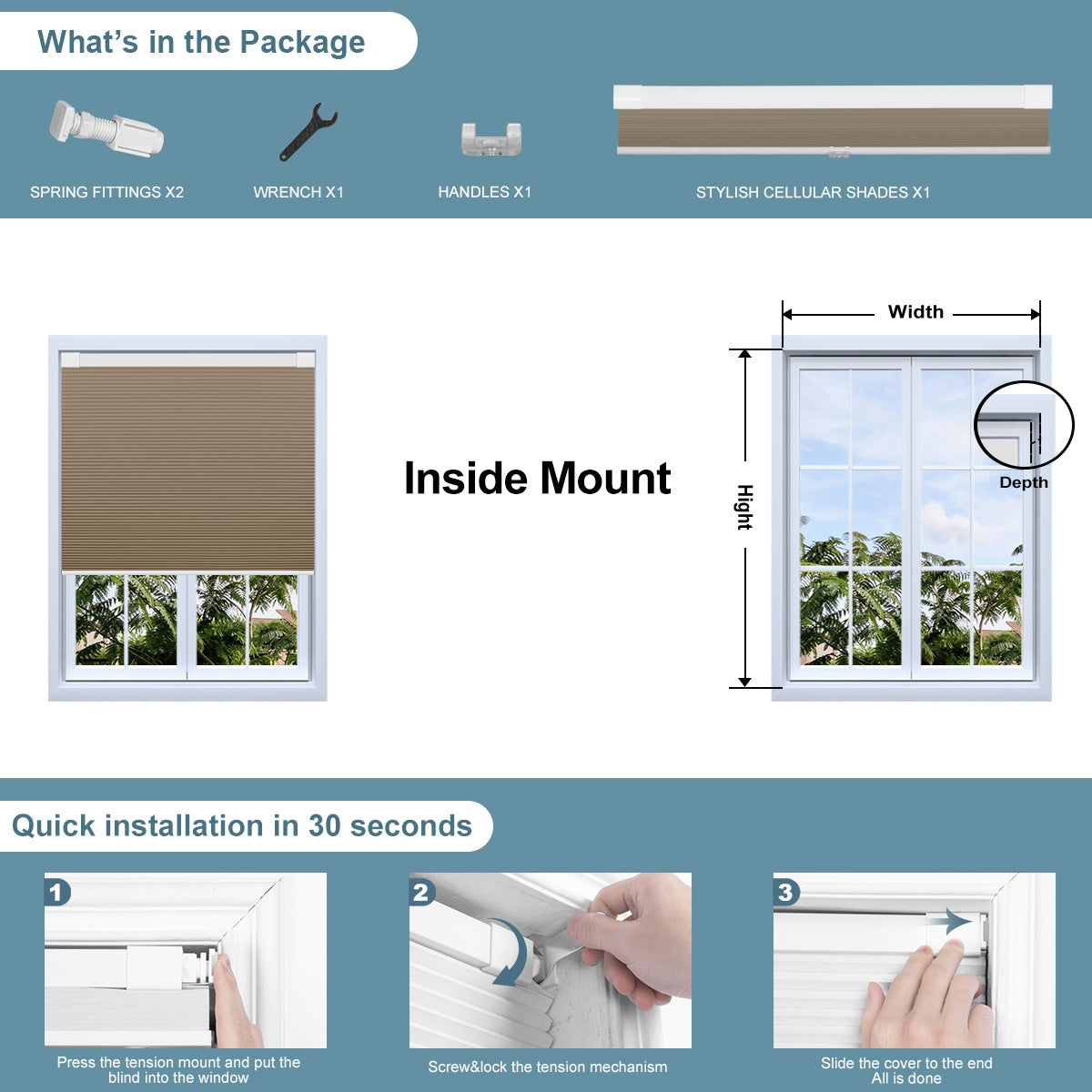 Sulugood No Drill Sturdy Large Size Blackout Light Filtering Cellular Shades